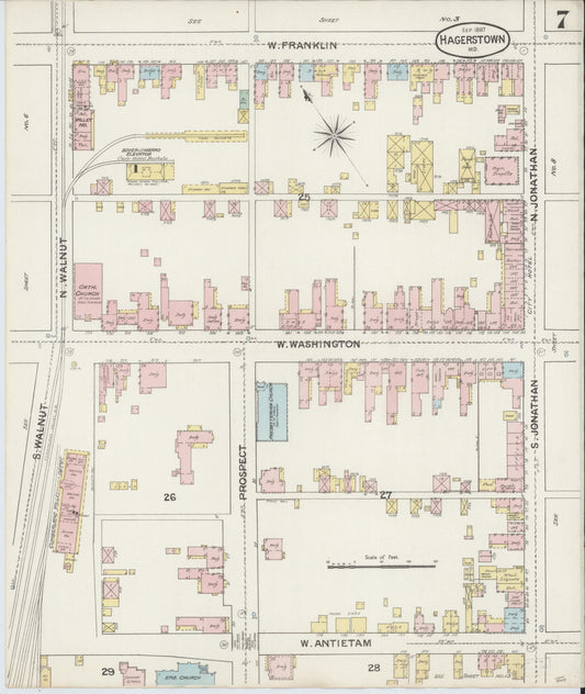 Sanborn Fire Insurance Map from Hagerstown, Washington County, Maryland (1887), Sheet #0007 - Historic Sanborn Fire Insurance Map Print, vintage old map wall art, antique decor, genealogy gift, Maryland Maryland map