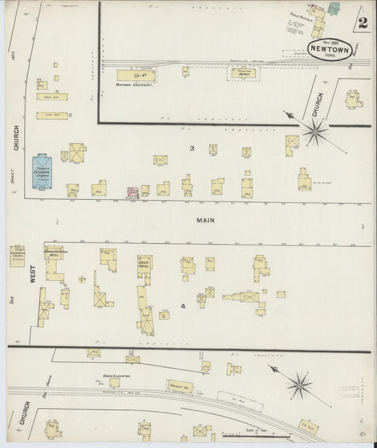 Sanborn Fire Insurance Map from Newtown, Fairfield County, Connecticut (1889), Sheet #0002 - Historic Sanborn Fire Insurance Map Print, vintage old map wall art, antique decor, genealogy gift, Connecticut Connecticut map