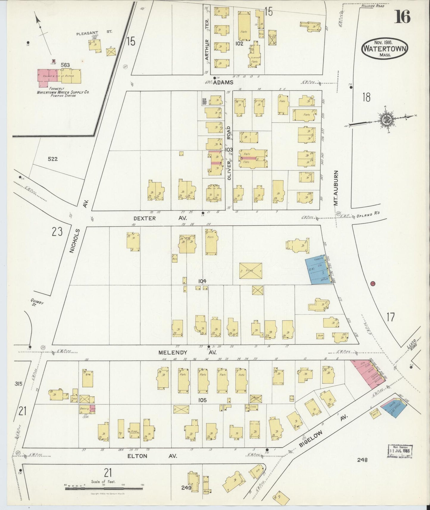Sanborn Fire Insurance Map from Watertown, Middlesex County, Massachusetts (1916), Sheet #0016 - Historic Sanborn Fire Insurance Map Print, vintage old map wall art, antique decor, genealogy gift, Massachusetts Massachusetts map