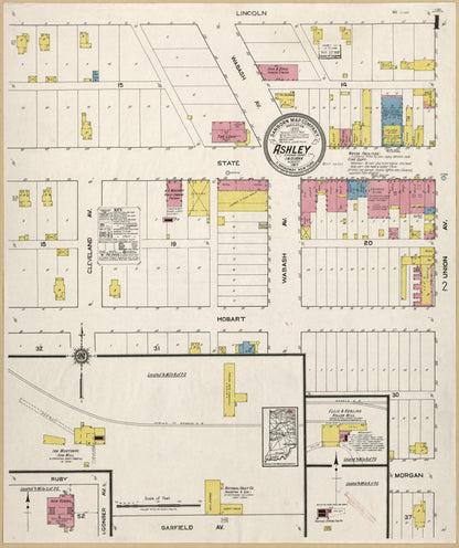 Sanborn Fire Insurance Map from Ashley, Steuben County, Indiana (1917), Sheet #0001 - Historic Sanborn Fire Insurance Map Print, vintage old map wall art, antique decor, genealogy gift, Indiana Indiana map