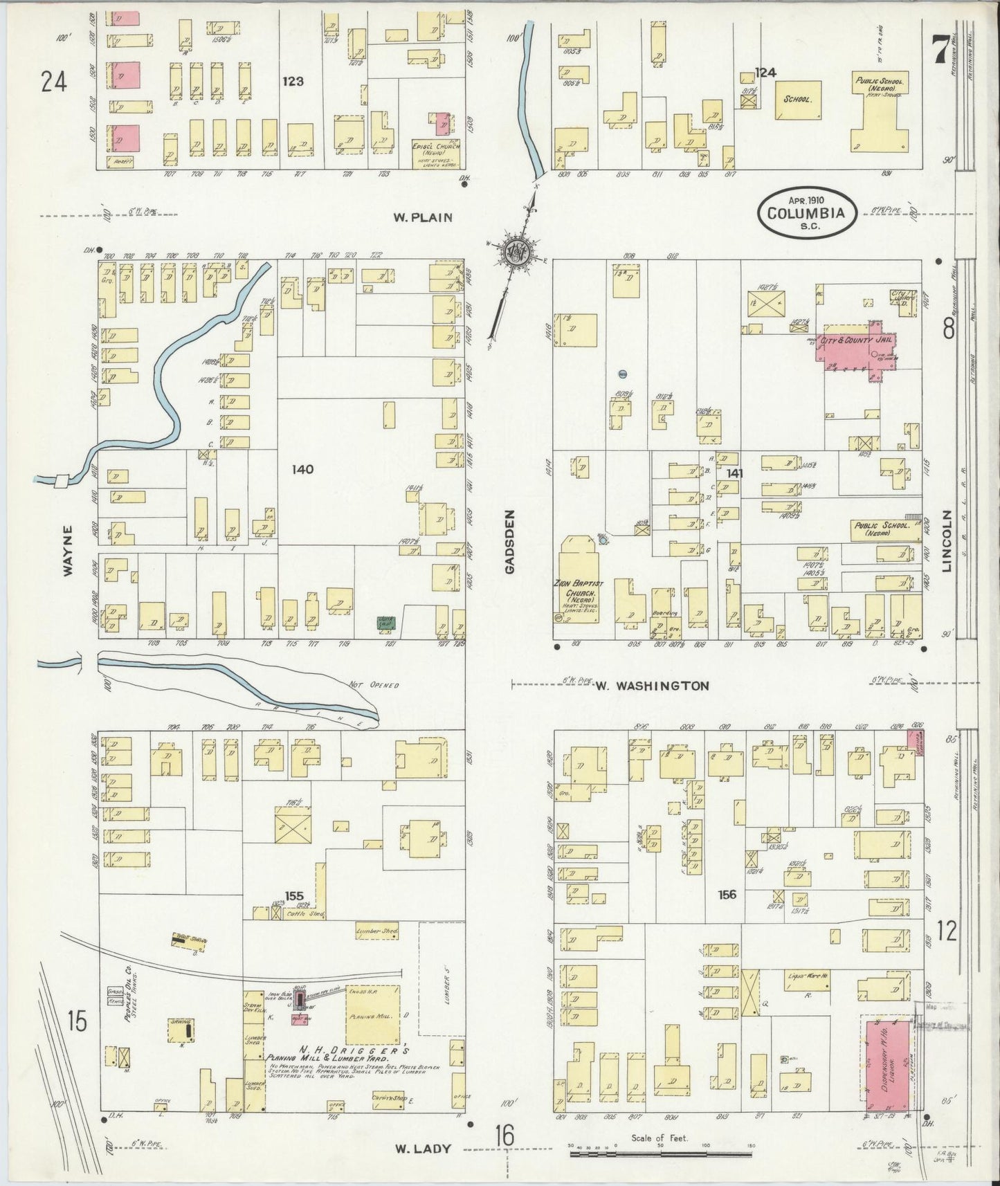 Sanborn Fire Insurance Map from Columbia, Richland County, South Carolina (1910), Sheet #0007 - Complete Map Set gallery image, historic Sanborn map, vintage wall art, South Carolina South Carolina