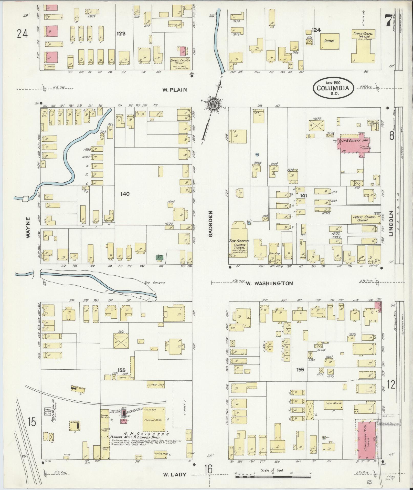 Sanborn Fire Insurance Map from Columbia, Richland County, South Carolina (1910), Sheet #0007 - Complete Map Set gallery image, historic Sanborn map, vintage wall art, South Carolina South Carolina