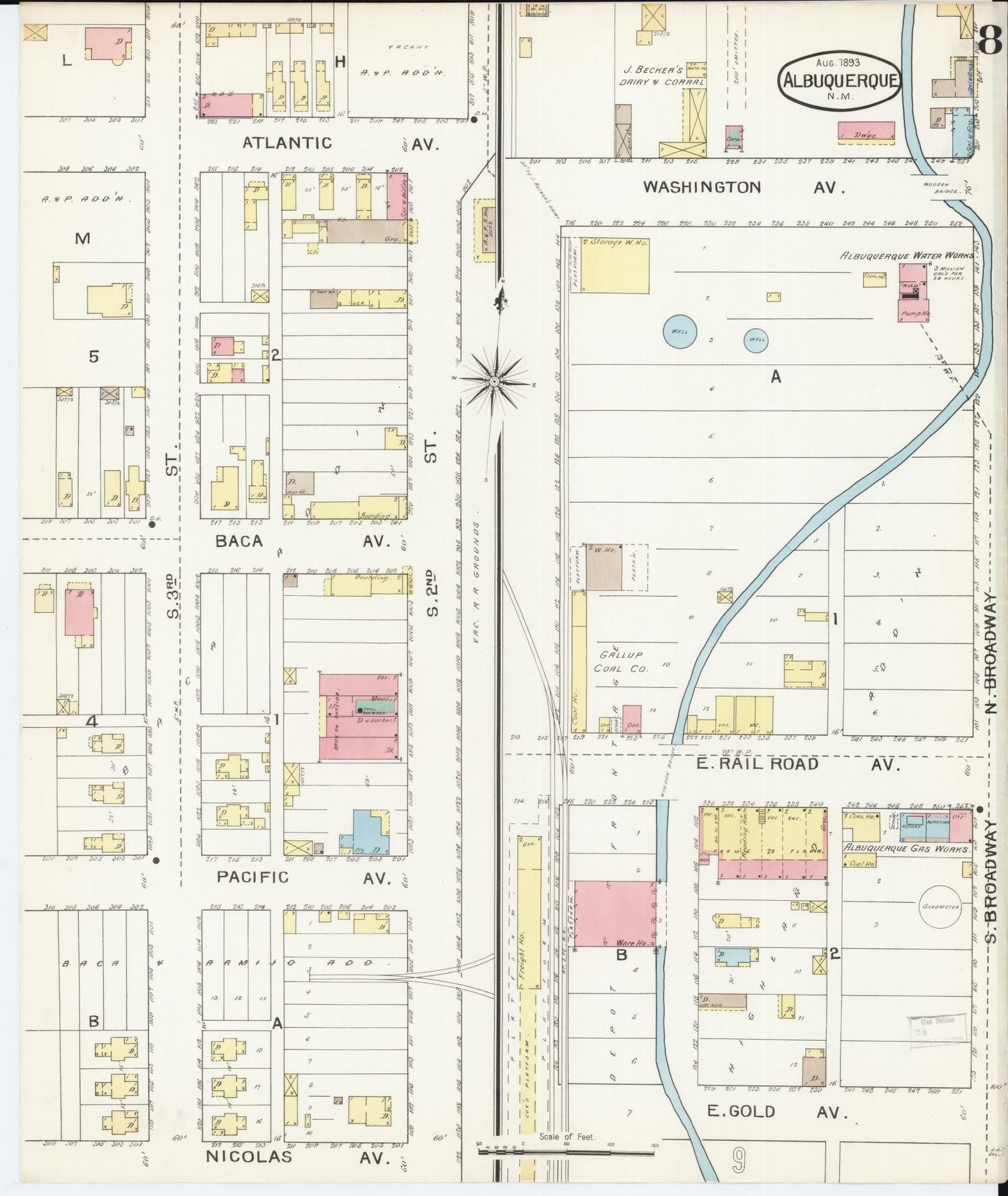 Sanborn Fire Insurance Map from Albuquerque, Bernalillo County, New Mexico (1893), Sheet #0008 - Historic Sanborn Fire Insurance Map Print, vintage old map wall art, antique decor, genealogy gift, New Mexico New Mexico map