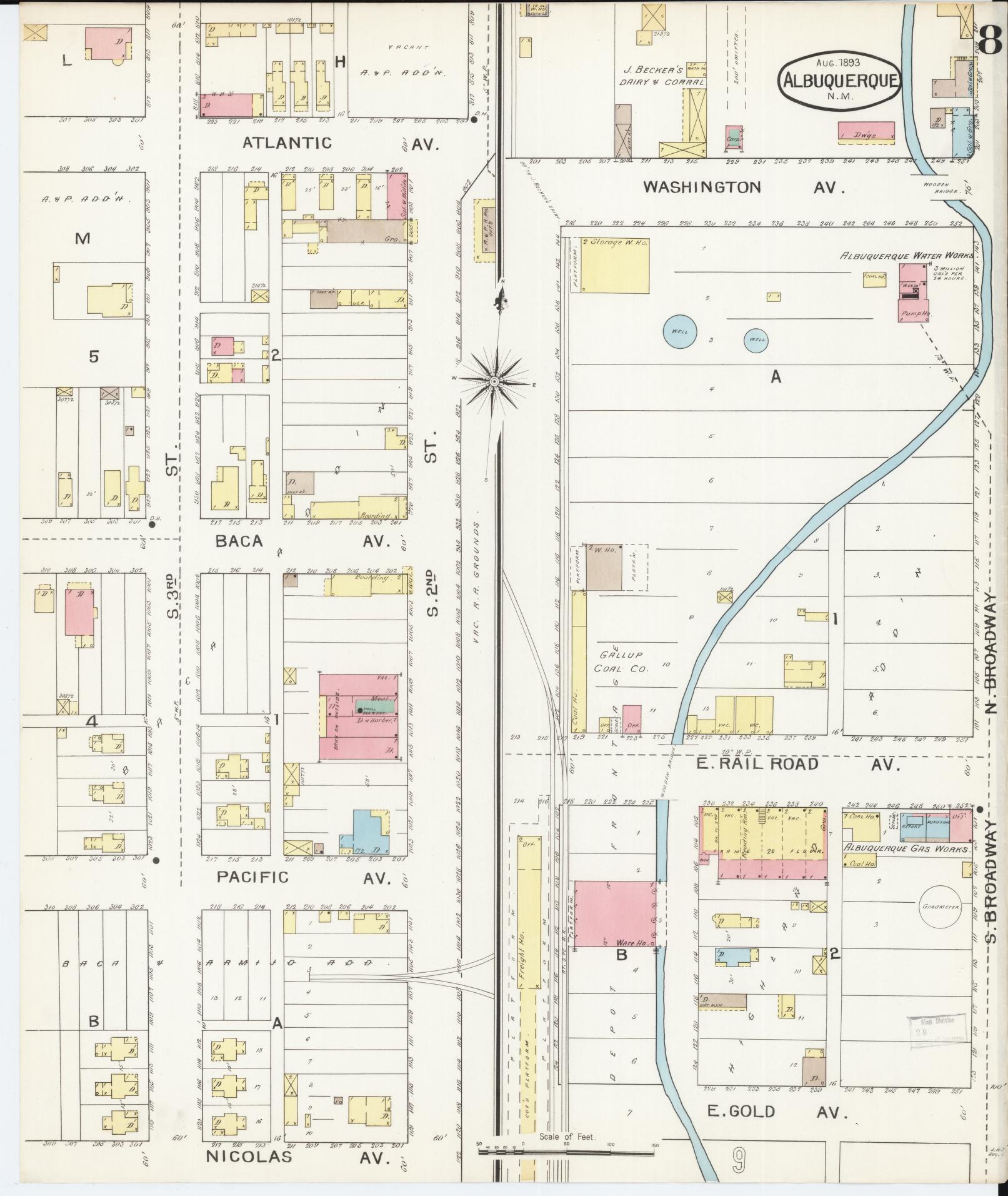 Sanborn Fire Insurance Map from Albuquerque, Bernalillo County, New Mexico (1893), Sheet #0008 - Historic Sanborn Fire Insurance Map Print, vintage old map wall art, antique decor, genealogy gift, New Mexico New Mexico map