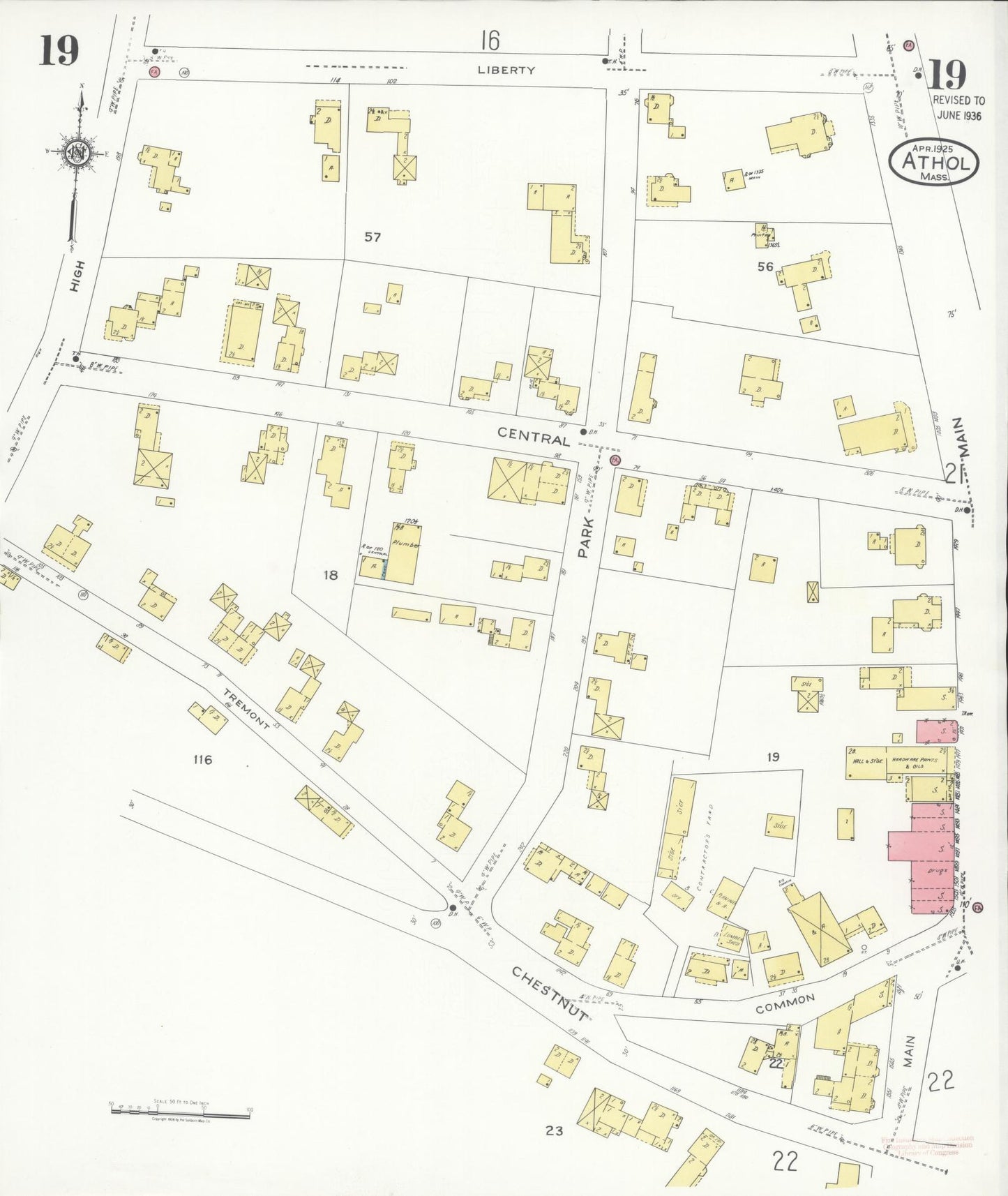 Sanborn Fire Insurance Map from Athol, Worcester County, Massachusetts (1936), Sheet #0019 - Complete Map Set gallery image, historic Sanborn map, vintage wall art, Massachusetts Massachusetts