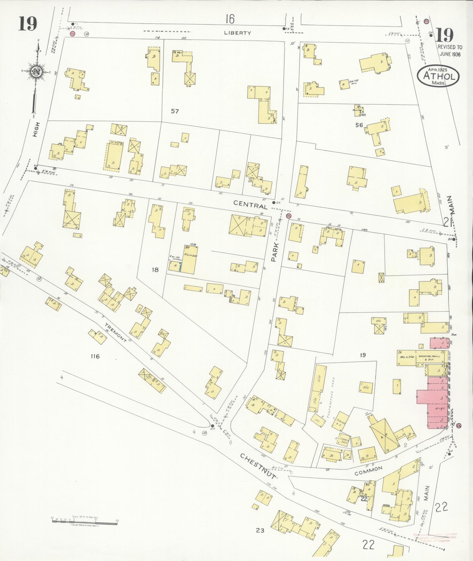 Sanborn Fire Insurance Map from Athol, Worcester County, Massachusetts (1936), Sheet #0019 - Complete Map Set gallery image, historic Sanborn map, vintage wall art, Massachusetts Massachusetts