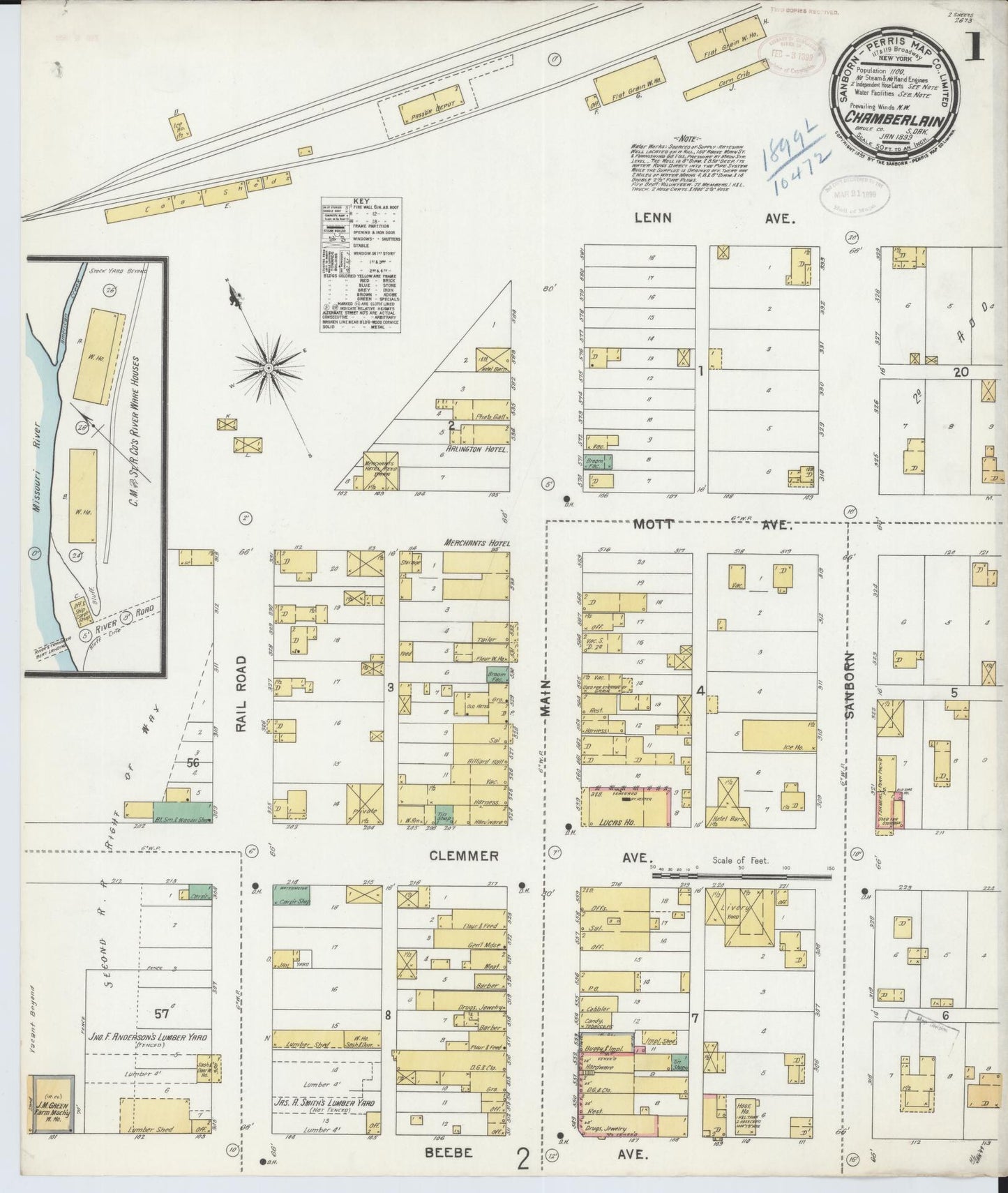 Sanborn Fire Insurance Map from Chamberlain, Brule County, South Dakota (1899), Sheet #0001 - Complete Map Set gallery image, historic Sanborn map, vintage wall art, South Dakota South Dakota