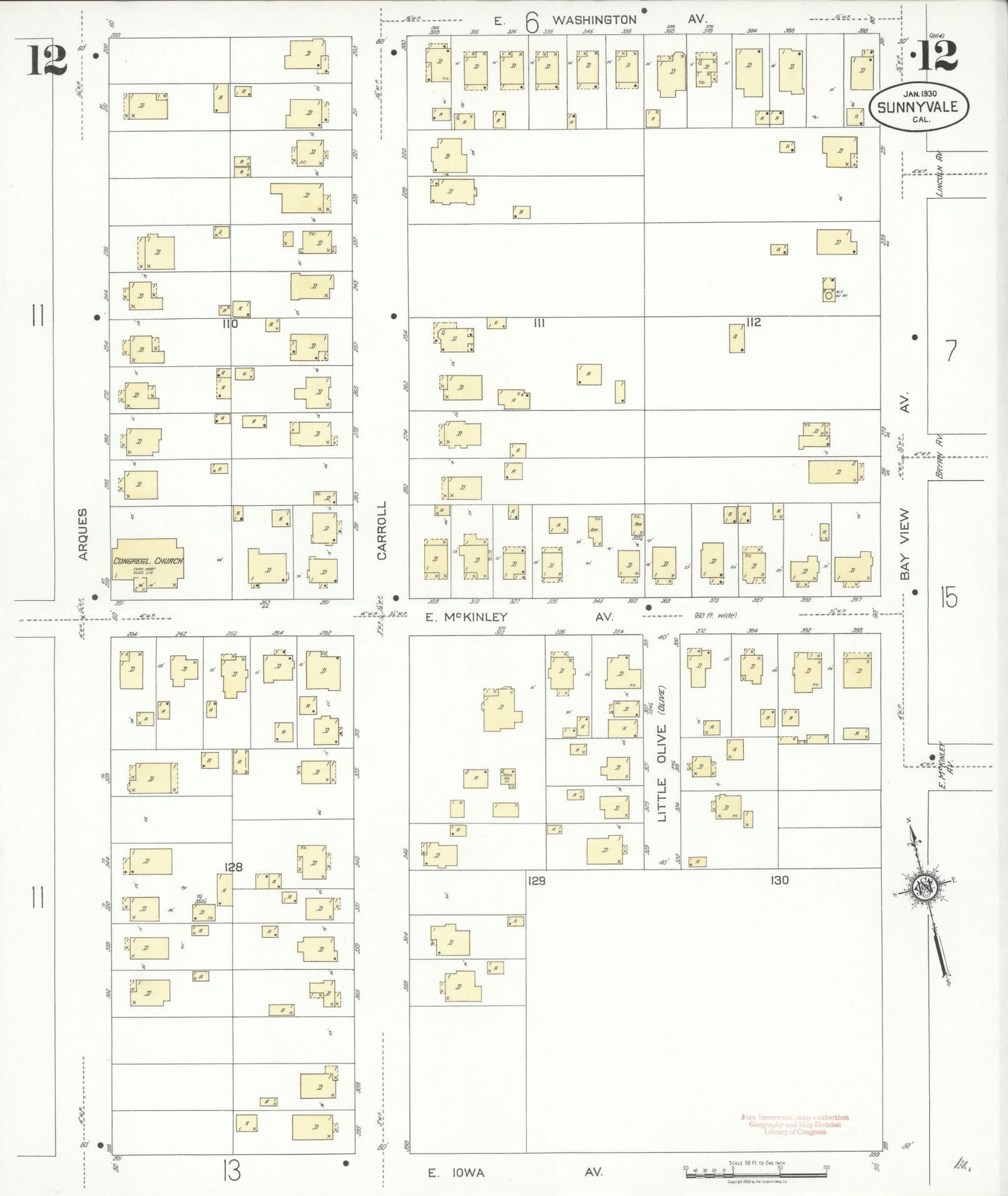 Sanborn Fire Insurance Map from Sunnyvale, Santa Clara County, California (1930), Sheet #0012 - Complete Map Set gallery image, historic Sanborn map, vintage wall art, California California