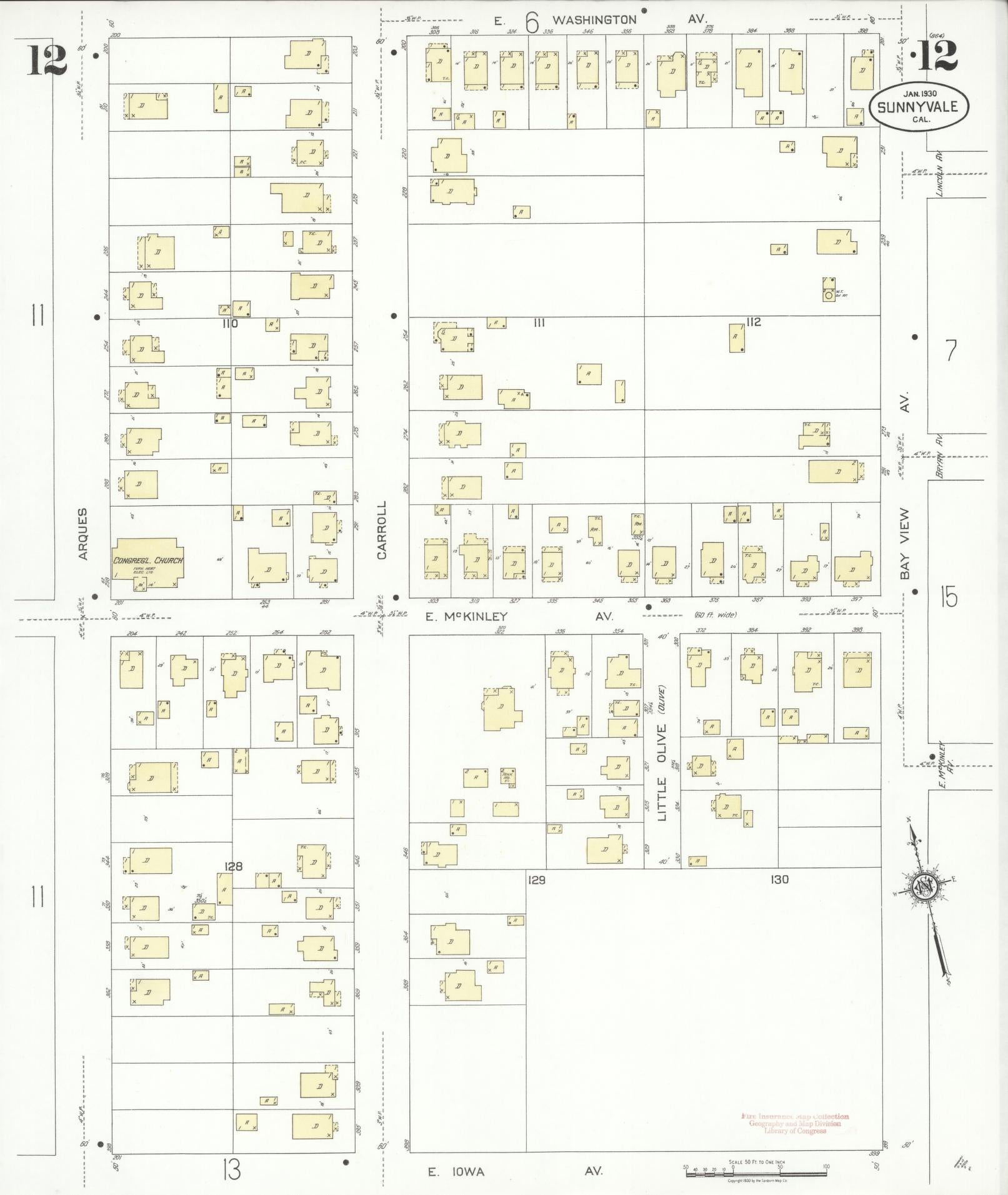Sanborn Fire Insurance Map from Sunnyvale, Santa Clara County, California (1930), Sheet #0012 - Complete Map Set gallery image, historic Sanborn map, vintage wall art, California California