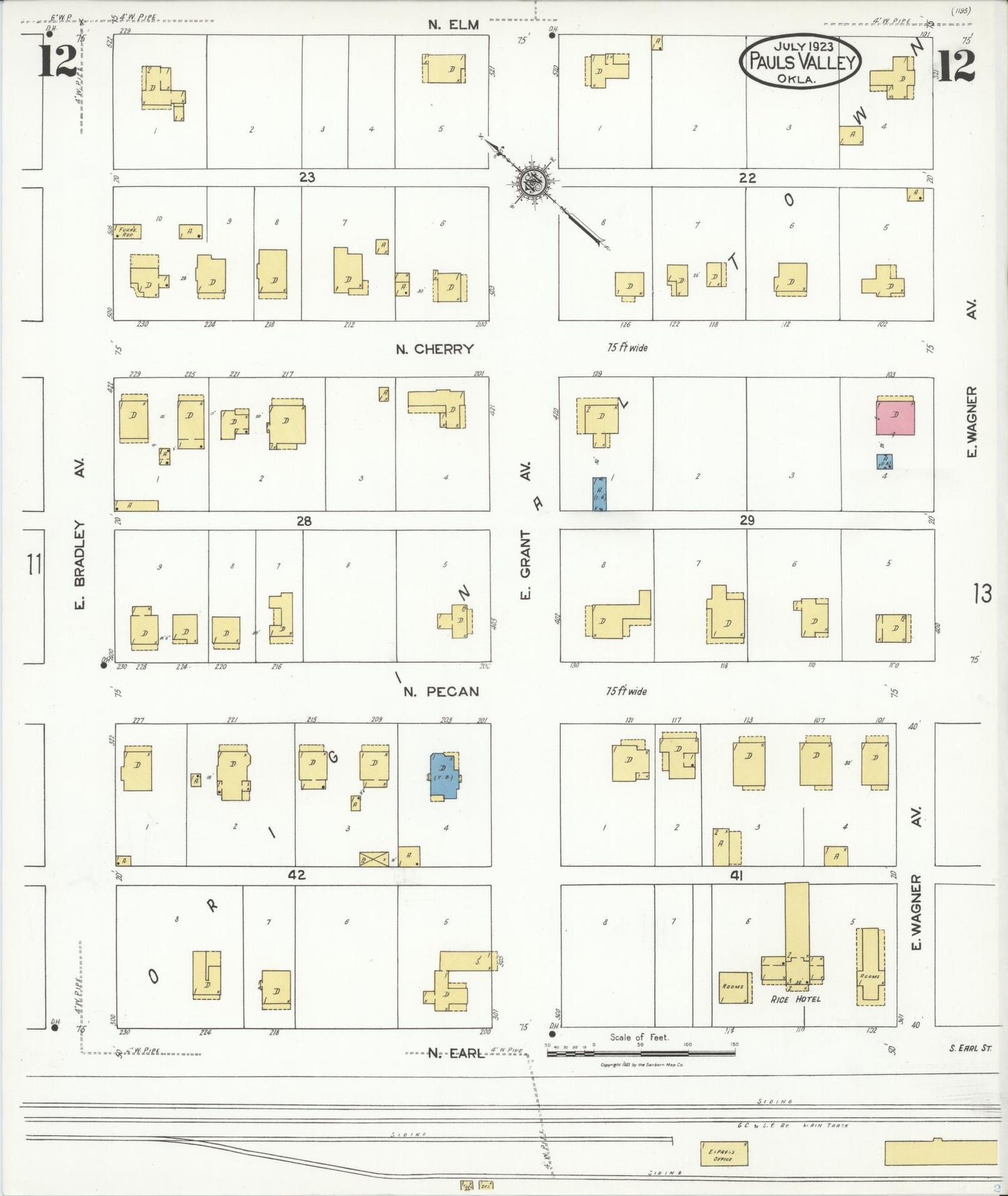 Sanborn Fire Insurance Map from Pauls Valley, Garvin County, Oklahoma (1923), Sheet #0012 - Complete Map Set gallery image, historic Sanborn map, vintage wall art, Oklahoma Oklahoma