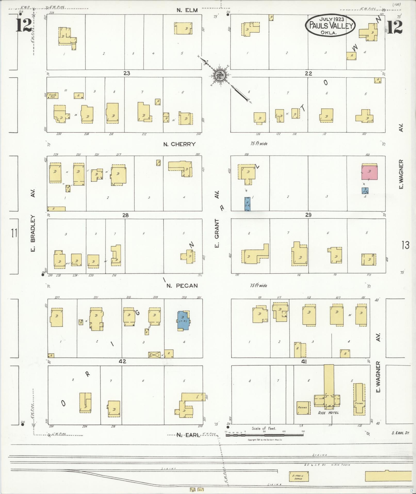 Sanborn Fire Insurance Map from Pauls Valley, Garvin County, Oklahoma (1923), Sheet #0012 - Complete Map Set gallery image, historic Sanborn map, vintage wall art, Oklahoma Oklahoma