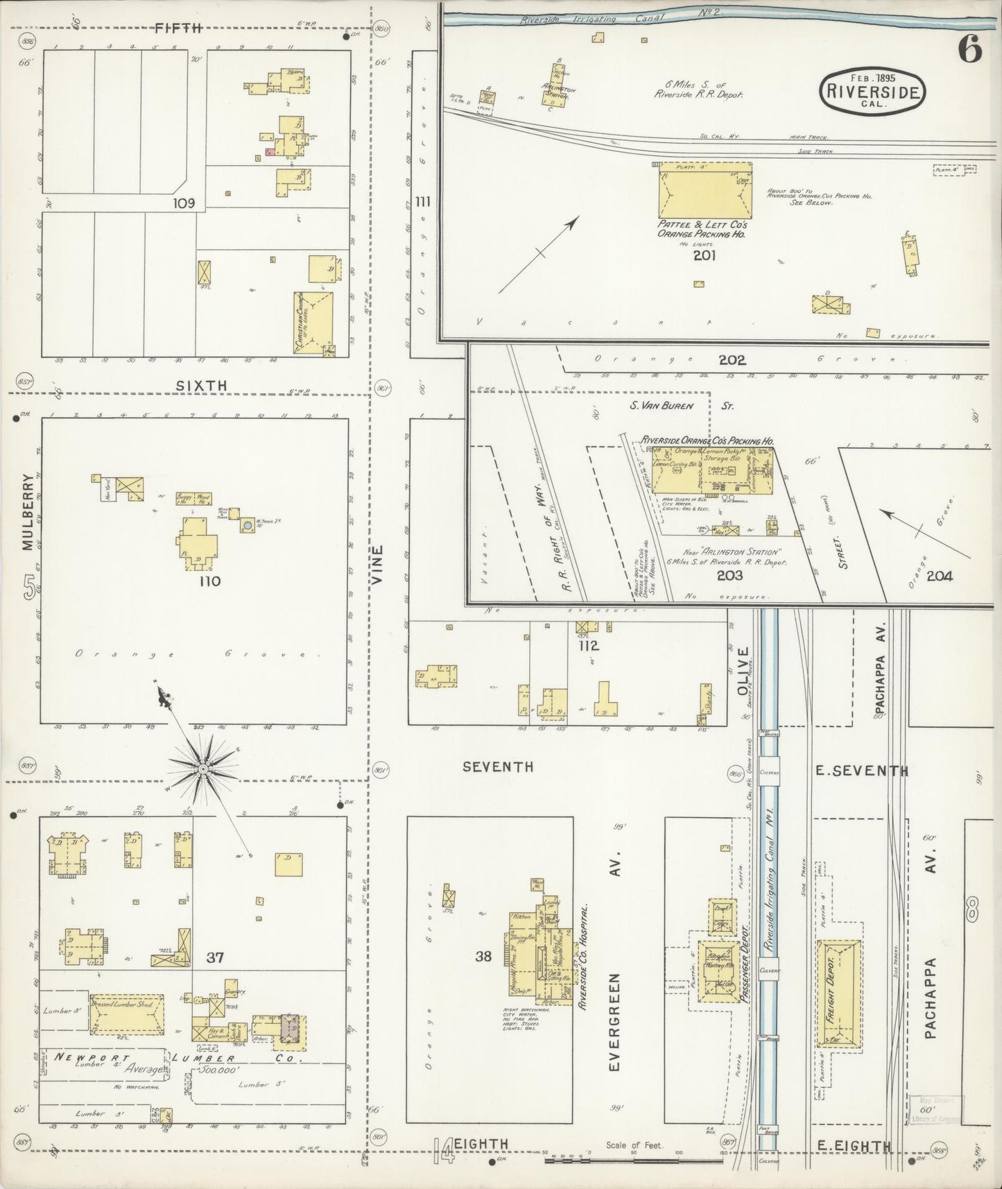 Sanborn Fire Insurance Map from Riverside, Riverside County, California (1895), Sheet #0006 - Complete Map Set gallery image, historic Sanborn map, vintage wall art, California California