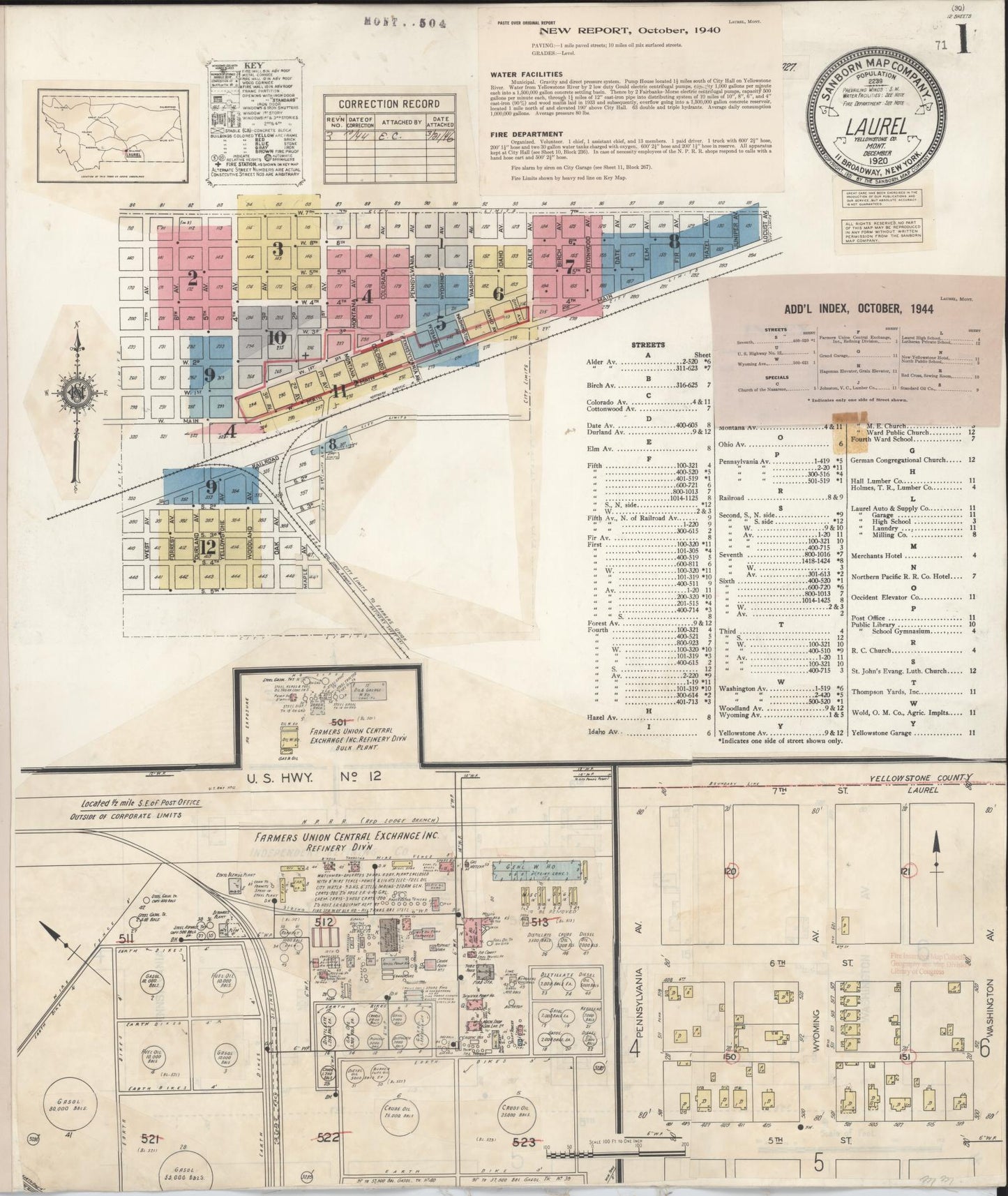 Sanborn Fire Insurance Map from Laurel, Yellowstone County, Montana (1944), Sheet #0001 - Historic Sanborn Fire Insurance Map Print, vintage old map wall art, antique decor, genealogy gift, Montana Montana map