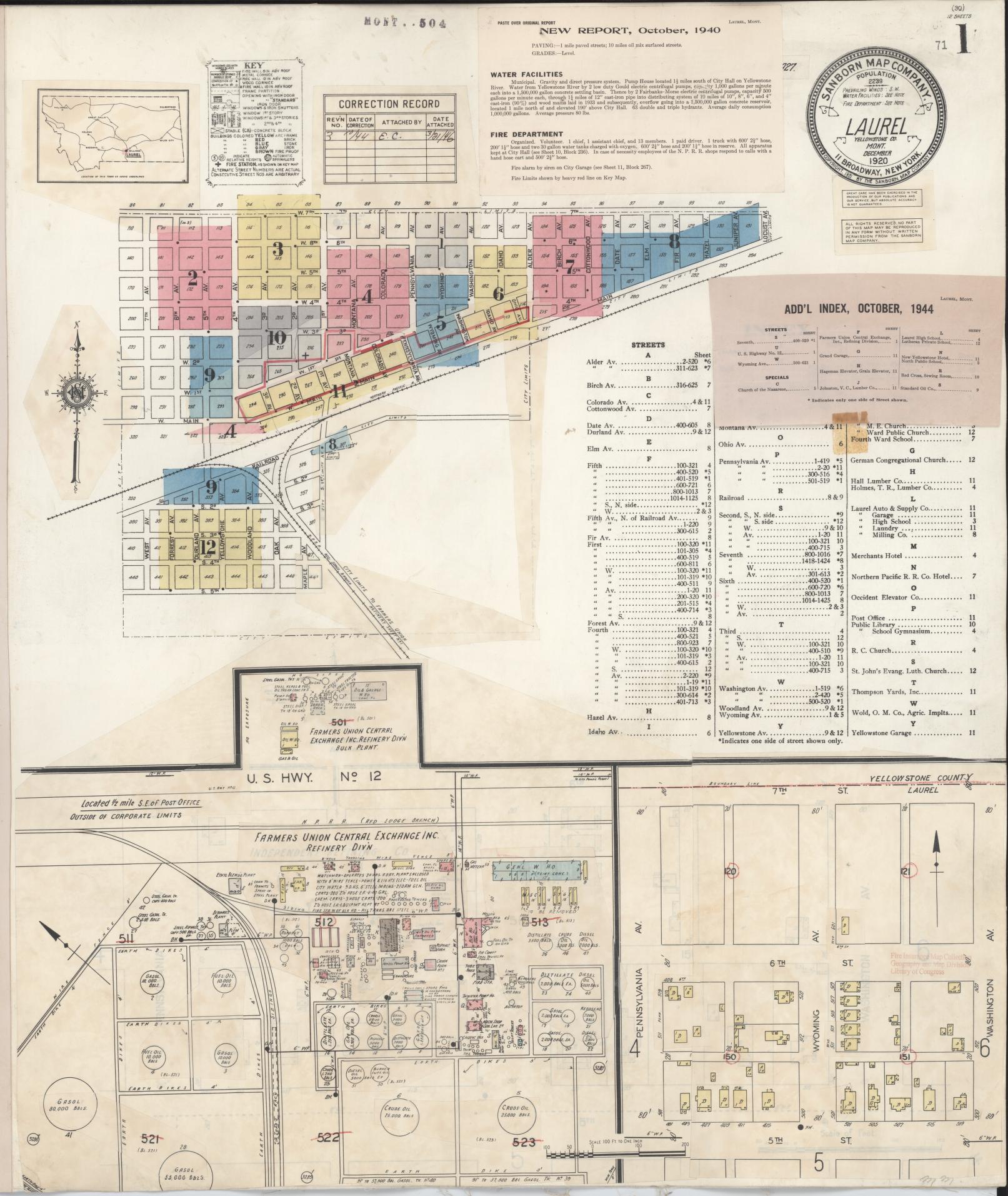 Sanborn Fire Insurance Map from Laurel, Yellowstone County, Montana (1944), Sheet #0001 - Historic Sanborn Fire Insurance Map Print, vintage old map wall art, antique decor, genealogy gift, Montana Montana map