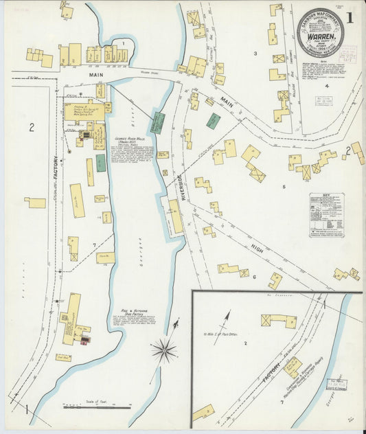 Sanborn Fire Insurance Map from Warren, Knox County, Maine (1904), Sheet #0001 - Historic Sanborn Fire Insurance Map Print, vintage old map wall art, antique decor, genealogy gift, Maine Maine map