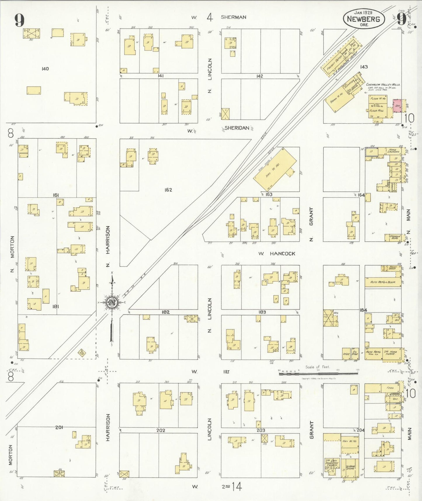 Sanborn Fire Insurance Map from Newberg, Yamhill County, Oregon (1929), Sheet #0009 - Complete Map Set gallery image, historic Sanborn map, vintage wall art, Oregon Oregon