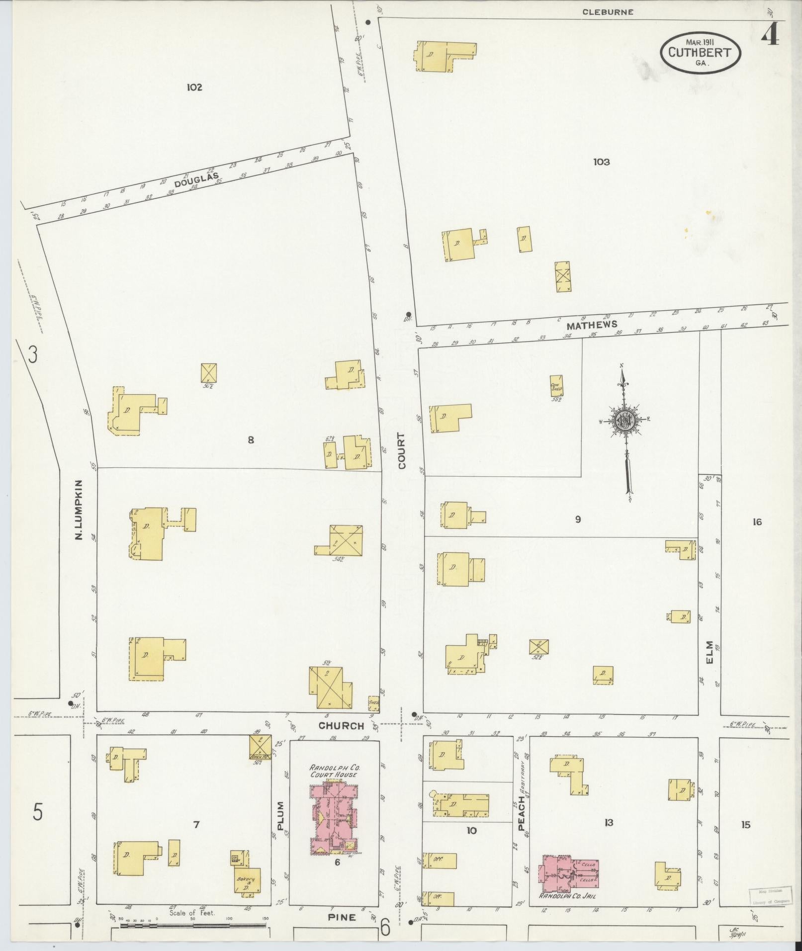 Sanborn Fire Insurance Map from Cuthbert, Randolph County, Georgia (1911), Sheet #0004 - Complete Map Set gallery image, historic Sanborn map, vintage wall art, Georgia Georgia