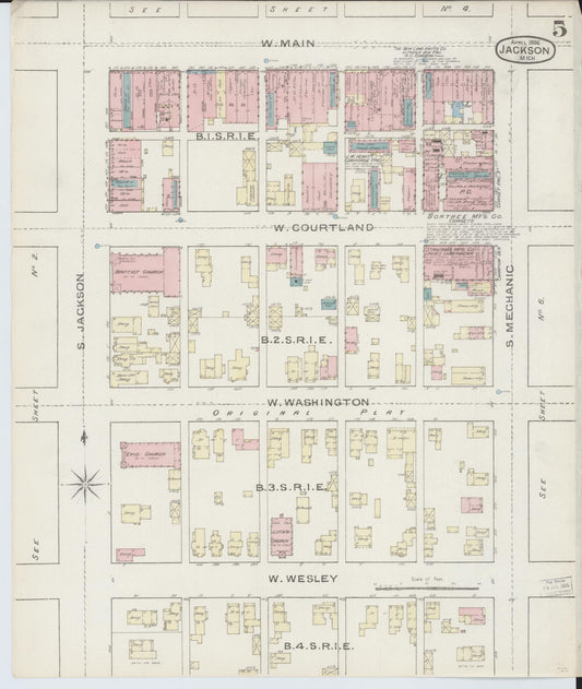 Sanborn Fire Insurance Map from Jackson, Jackson County, Michigan (1886), Sheet #0005 - Historic Sanborn Fire Insurance Map Print, vintage old map wall art, antique decor, genealogy gift, Michigan Michigan map