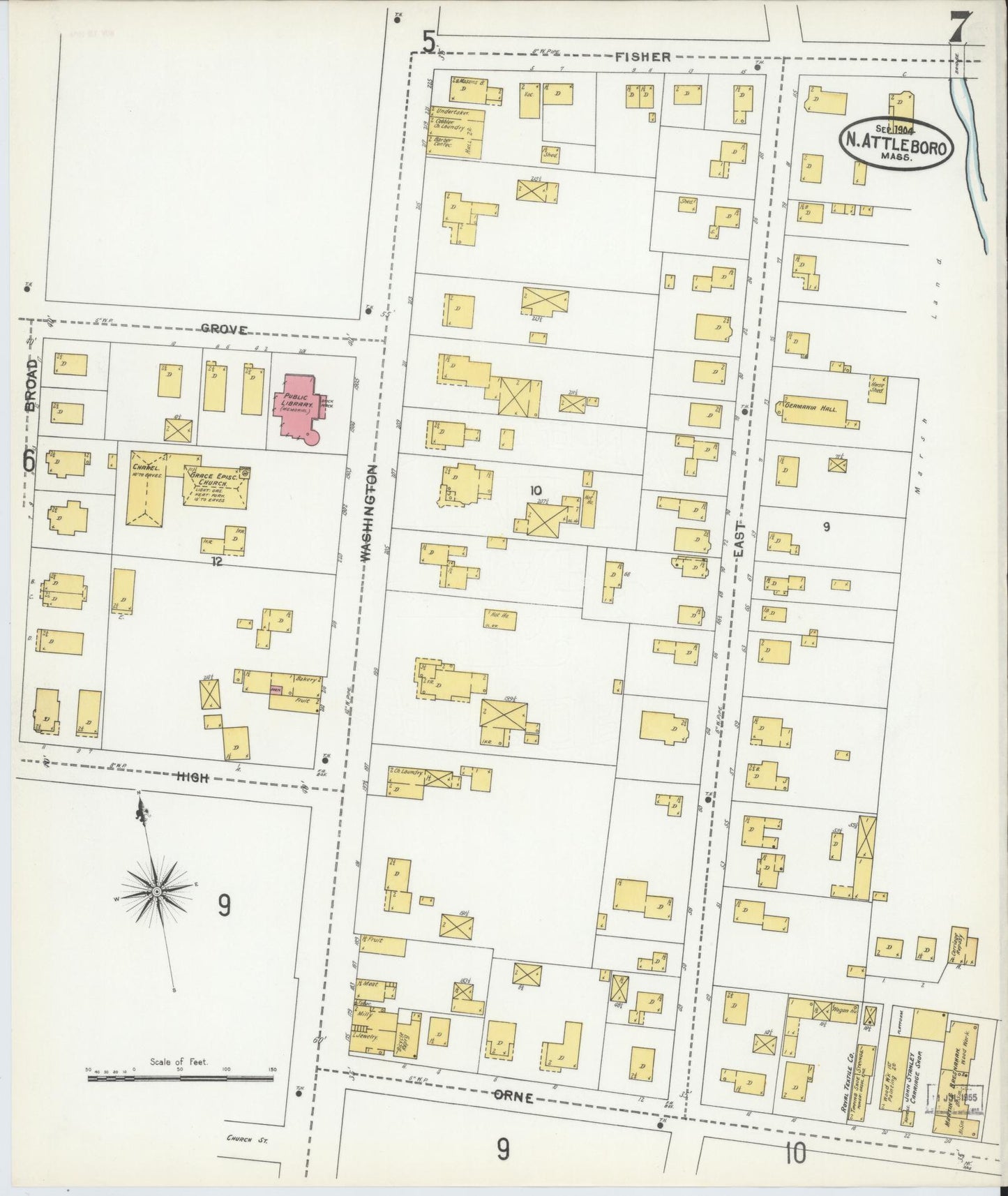 Sanborn Fire Insurance Map from North Attleborough, Bristol County, Massachusetts (1904), Sheet #0007 - Complete Map Set gallery image, historic Sanborn map, vintage wall art, Massachusetts Massachusetts