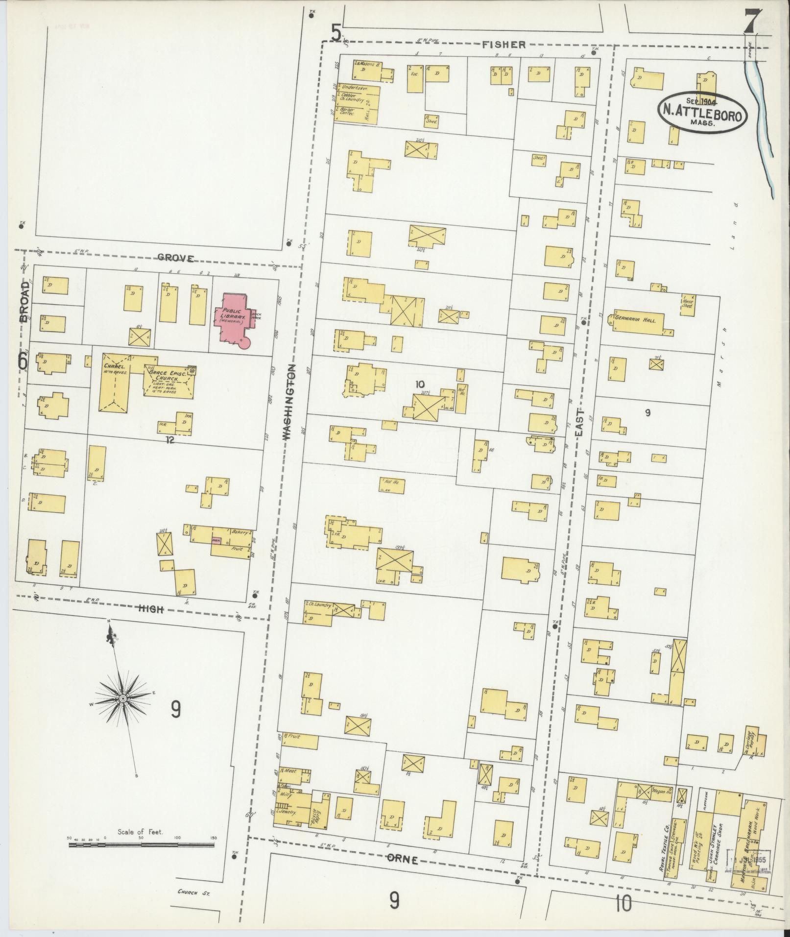 Sanborn Fire Insurance Map from North Attleborough, Bristol County, Massachusetts (1904), Sheet #0007 - Complete Map Set gallery image, historic Sanborn map, vintage wall art, Massachusetts Massachusetts
