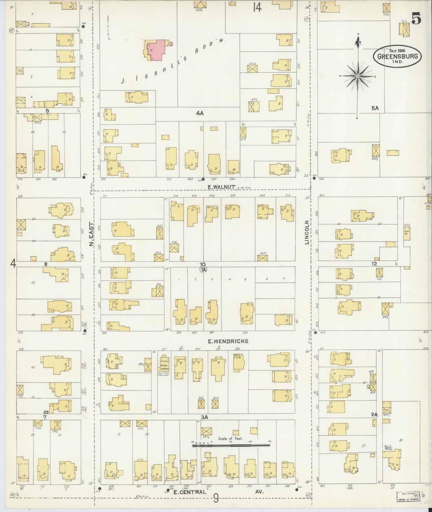 Sanborn Fire Insurance Map from Greensburg, Decatur County, Indiana (1906), Sheet #0005 - Historic Sanborn Fire Insurance Map Print, vintage old map wall art, antique decor, genealogy gift, Indiana Indiana map