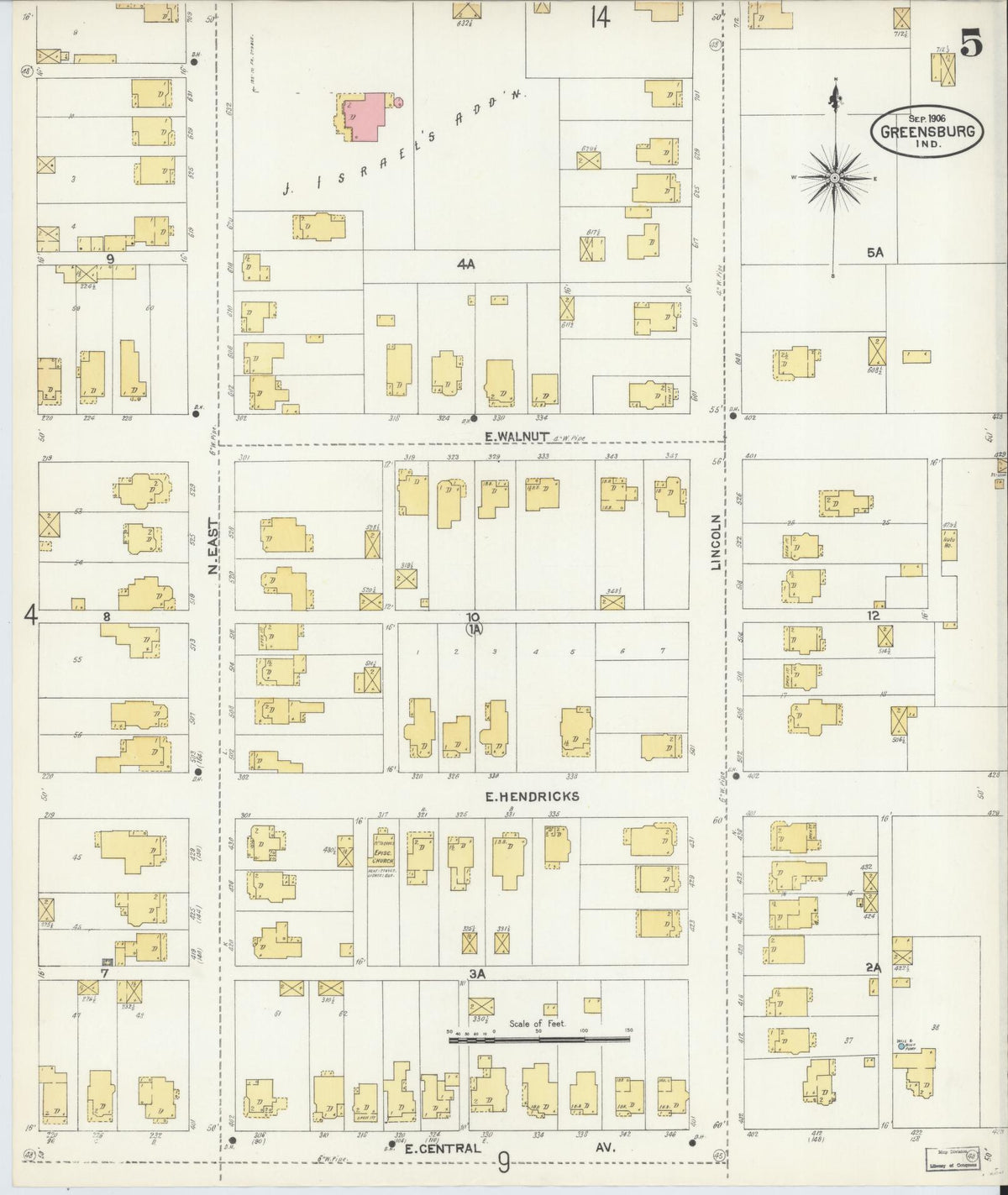 Sanborn Fire Insurance Map from Greensburg, Decatur County, Indiana (1906), Sheet #0005 - Historic Sanborn Fire Insurance Map Print, vintage old map wall art, antique decor, genealogy gift, Indiana Indiana map