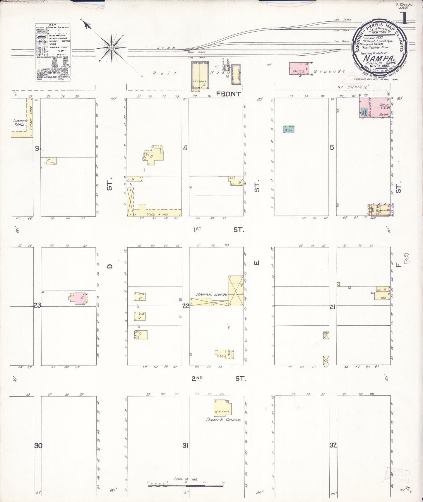 Sanborn Fire Insurance Map from Nampa, Canyon County, Idaho (1892), Sheet #0001 - Complete Map Set gallery image, historic Sanborn map, vintage wall art, Idaho Idaho