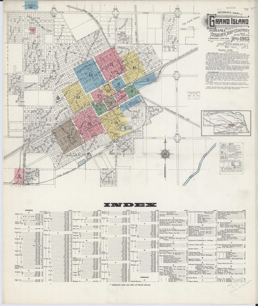 Sanborn Fire Insurance Map from Grand Island, Hall County, Nebraska (1915), Sheet #0001 - Historic Sanborn Fire Insurance Map Print, vintage old map wall art, antique decor, genealogy gift, Nebraska Nebraska map