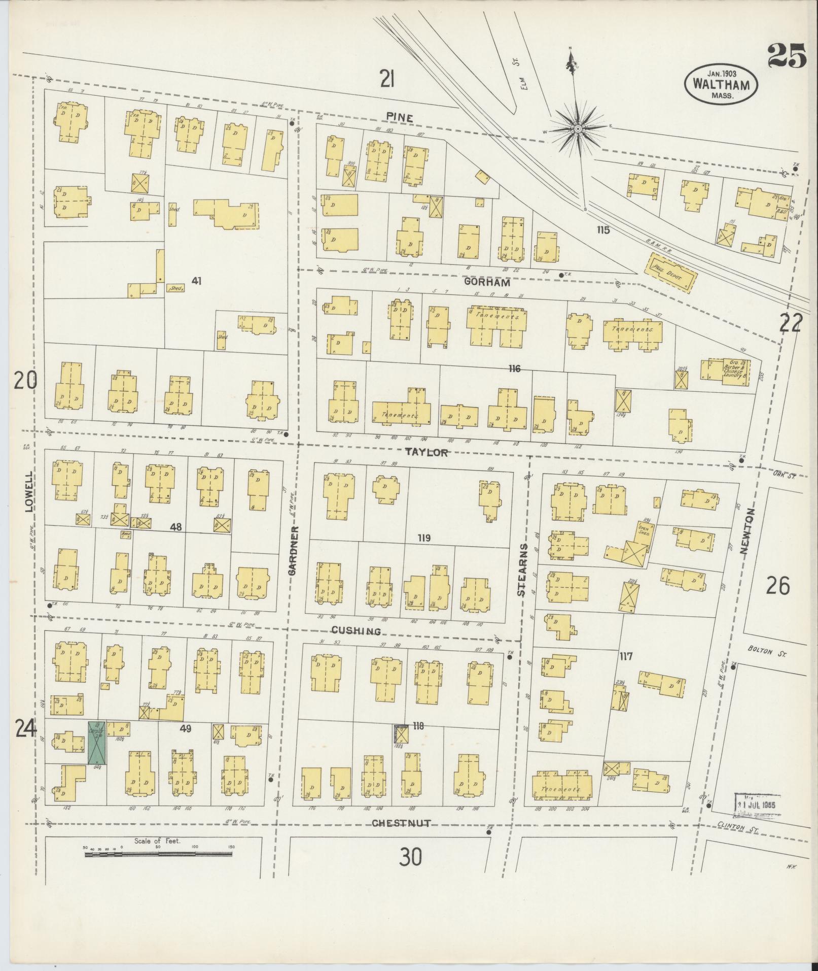Sanborn Fire Insurance Map from Waltham, Middlesex County, Massachusetts (1903), Sheet #0025 - Historic Sanborn Fire Insurance Map Print, vintage old map wall art, antique decor, genealogy gift, Massachusetts Massachusetts map