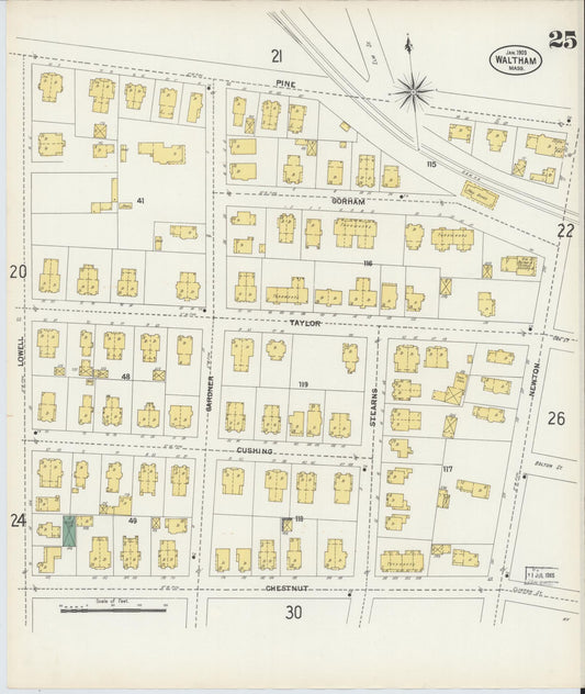 Sanborn Fire Insurance Map from Waltham, Middlesex County, Massachusetts (1903), Sheet #0025 - Historic Sanborn Fire Insurance Map Print, vintage old map wall art, antique decor, genealogy gift, Massachusetts Massachusetts map