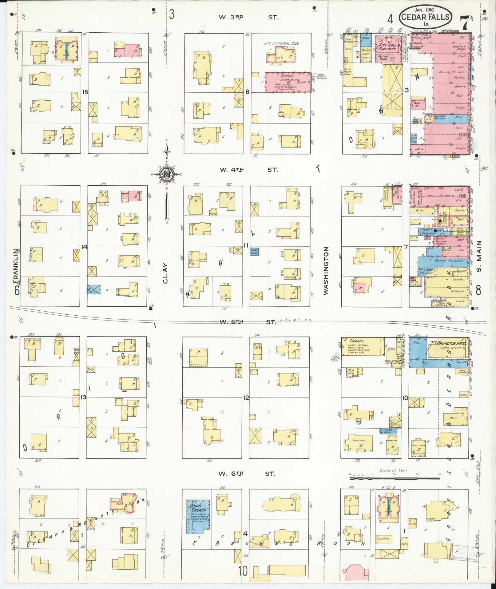 Sanborn Fire Insurance Map from Cedar Falls, Black Hawk County, Iowa (1916), Sheet #0007 - Historic Sanborn Fire Insurance Map Print, vintage old map wall art