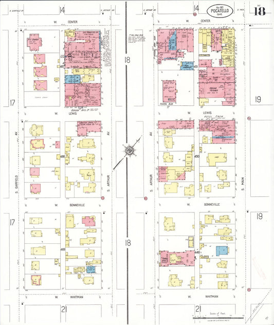 Sanborn Fire Insurance Map from Pocatello, Bannock County, Idaho (1921), Sheet #0018 - Historic Sanborn Fire Insurance Map Print, vintage old map wall art, antique decor, genealogy gift, Idaho Idaho map
