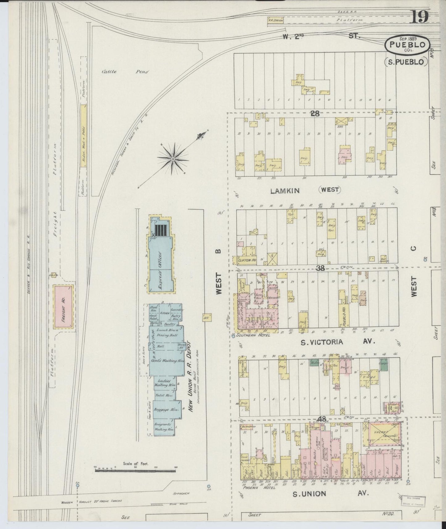 Sanborn Fire Insurance Map from Pueblo, Pueblo County, Colorado (1889), Sheet #0019 - Complete Map Set gallery image, historic Sanborn map, vintage wall art, Colorado Colorado
