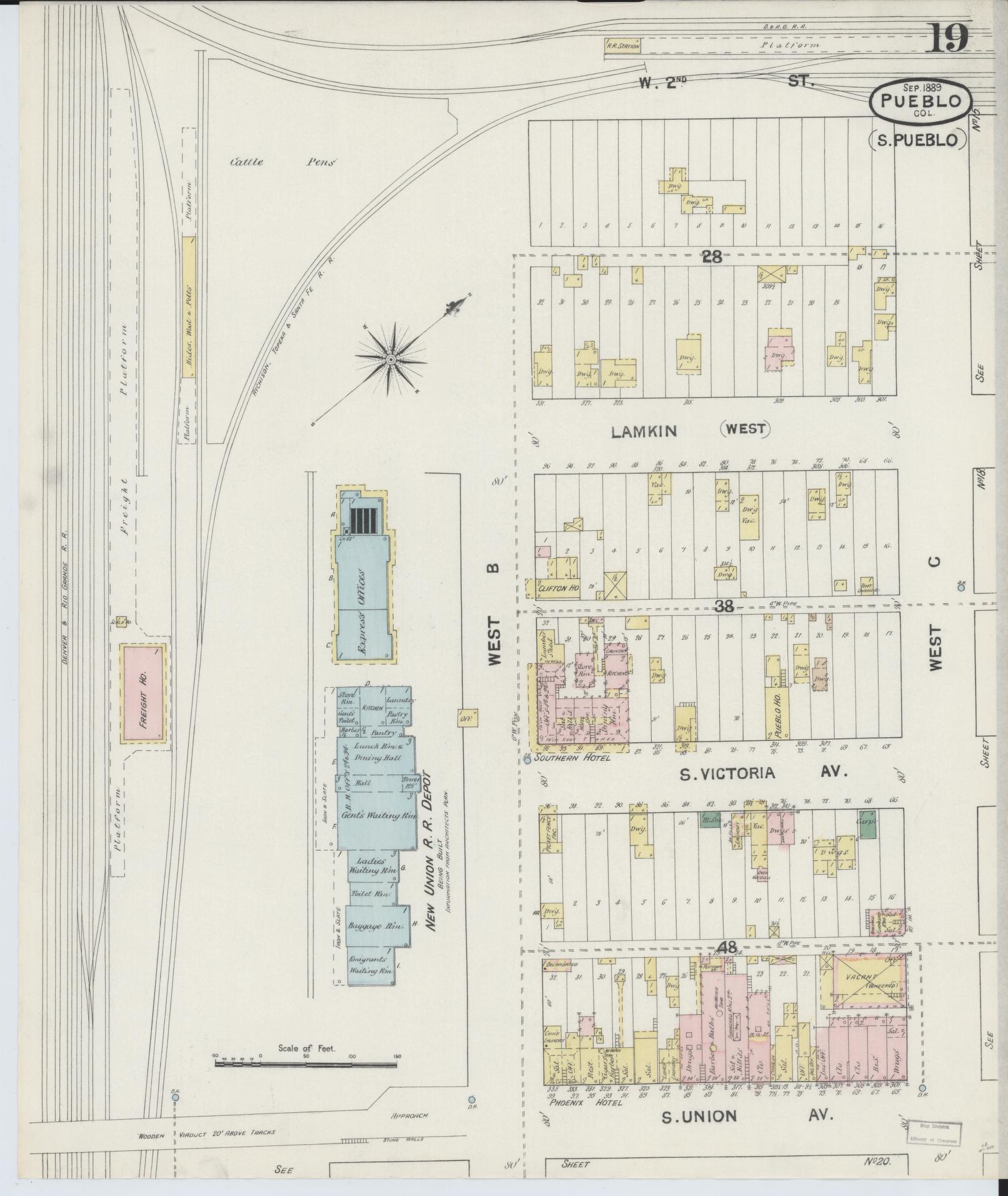Sanborn Fire Insurance Map from Pueblo, Pueblo County, Colorado (1889), Sheet #0019 - Complete Map Set gallery image, historic Sanborn map, vintage wall art, Colorado Colorado