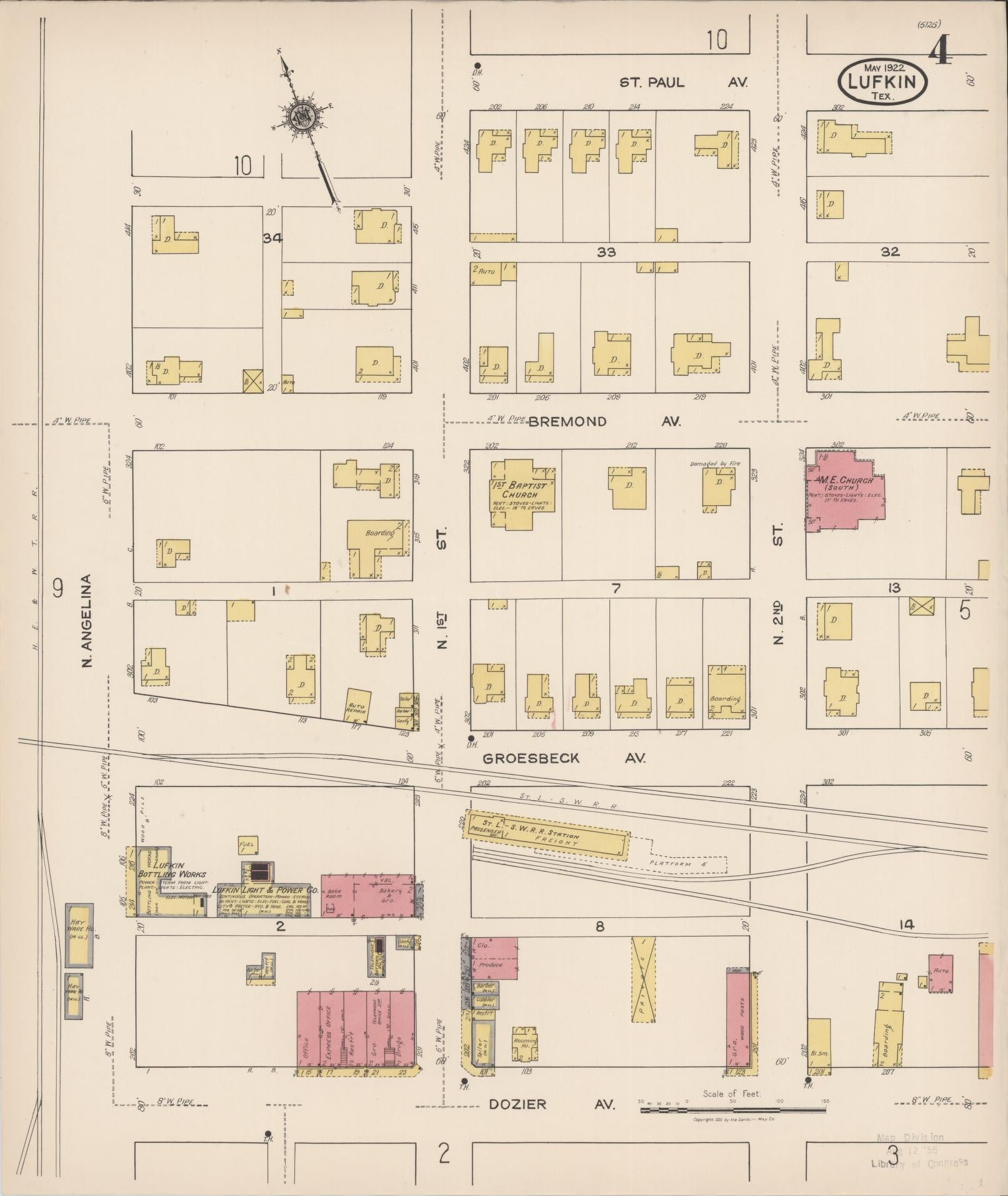 Sanborn Fire Insurance Map from Lufkin, Angelina County, Texas (1922), Sheet #0004 - Historic Sanborn Fire Insurance Map Print, vintage old map wall art, antique decor, genealogy gift, Texas Texas map