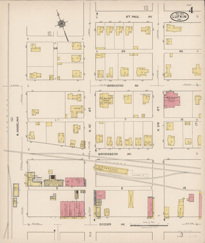 Sanborn Fire Insurance Map from Lufkin, Angelina County, Texas (1922), Sheet #0004 - Historic Sanborn Fire Insurance Map Print, vintage old map wall art, antique decor, genealogy gift, Texas Texas map