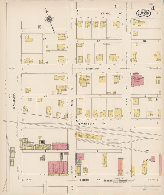 Sanborn Fire Insurance Map from Lufkin, Angelina County, Texas (1922), Sheet #0004 - Historic Sanborn Fire Insurance Map Print, vintage old map wall art, antique decor, genealogy gift, Texas Texas map