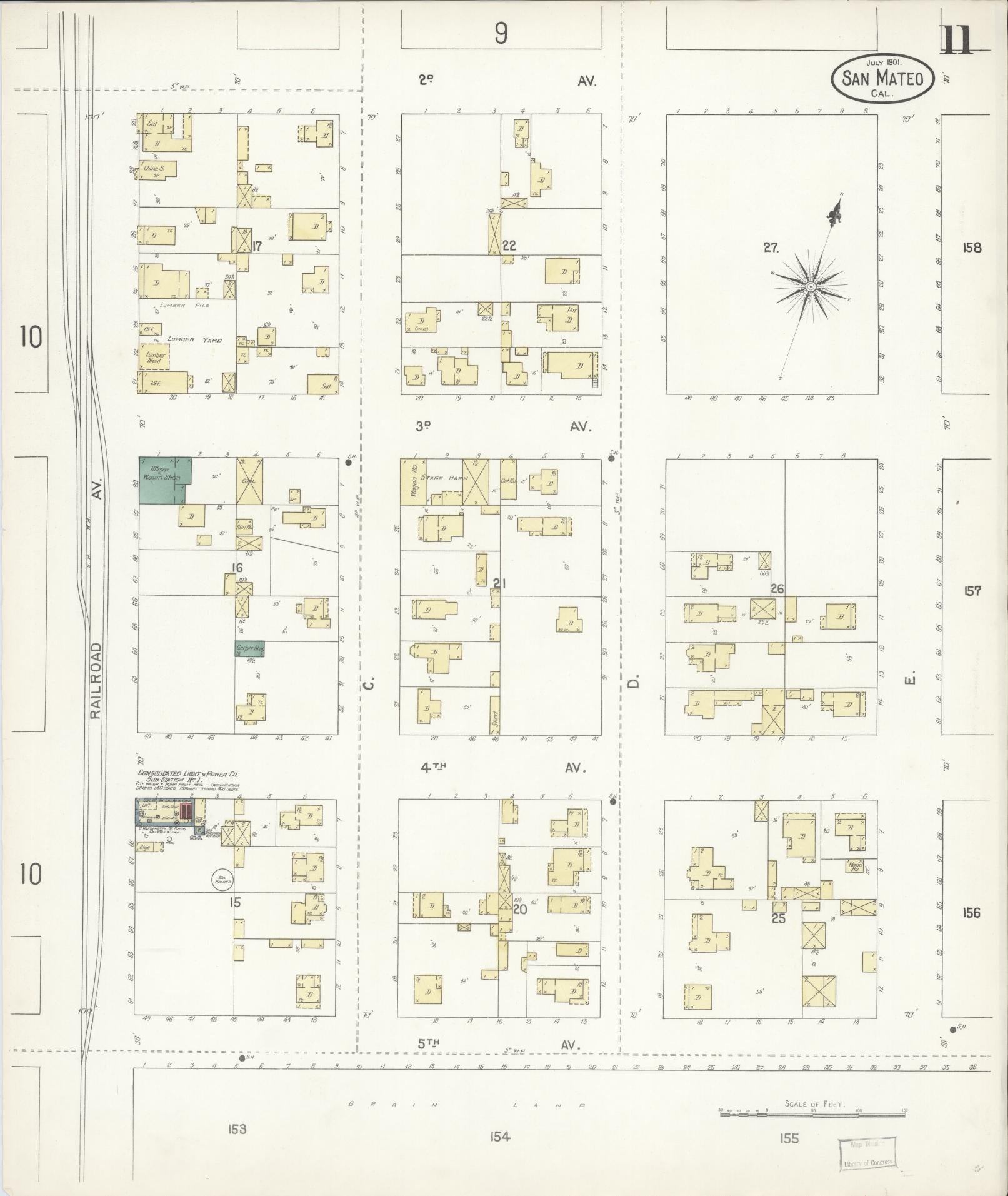 Sanborn Fire Insurance Map from San Mateo, San Mateo County, California (1901), Sheet #0011 - Complete Map Set gallery image, historic Sanborn map, vintage wall art, California California