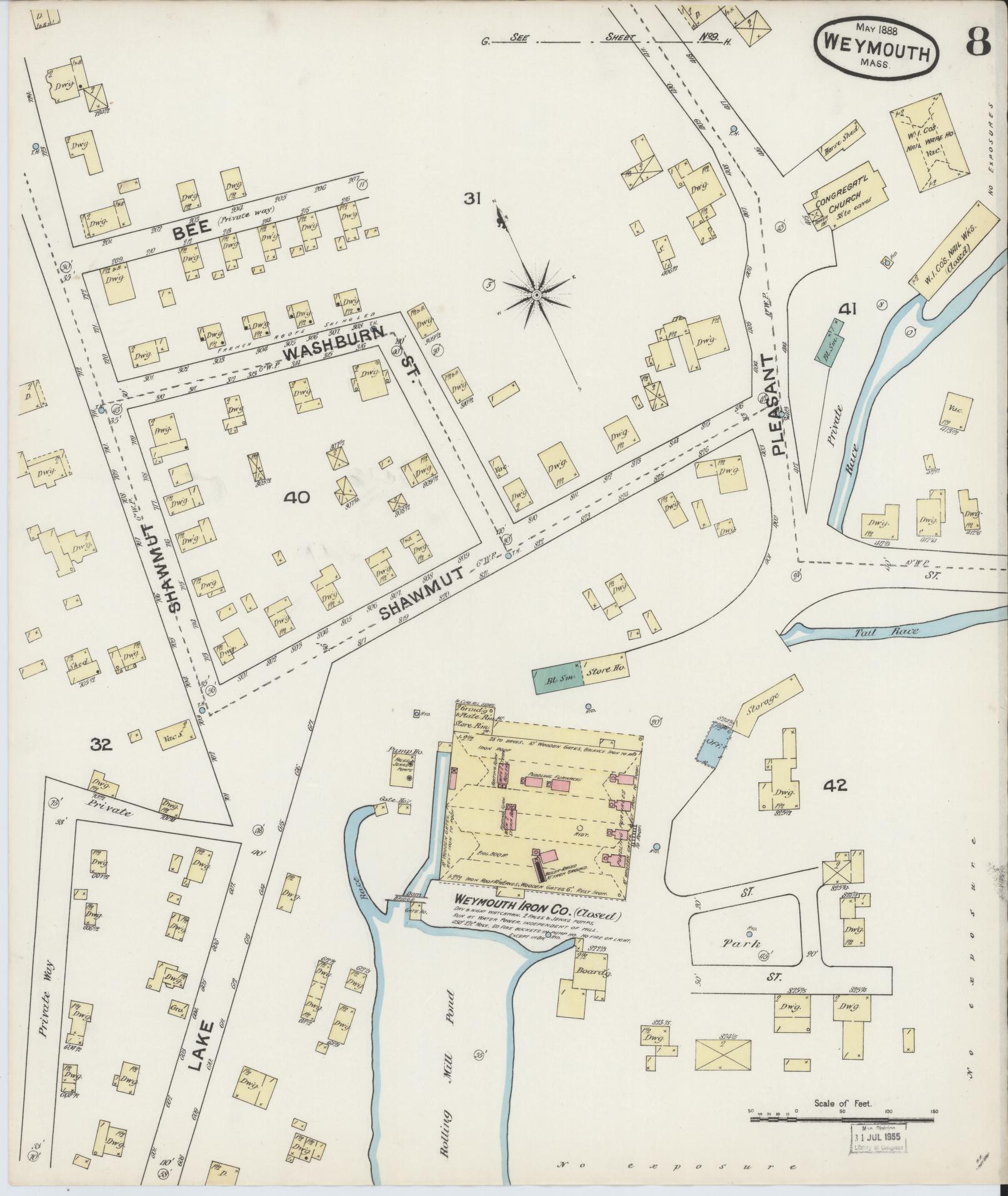 Sanborn Fire Insurance Map from Weymouth, Norfolk County, Massachusetts (1888), Sheet #0008 - Historic Sanborn Fire Insurance Map Print, vintage old map wall art, antique decor, genealogy gift, Massachusetts Massachusetts map