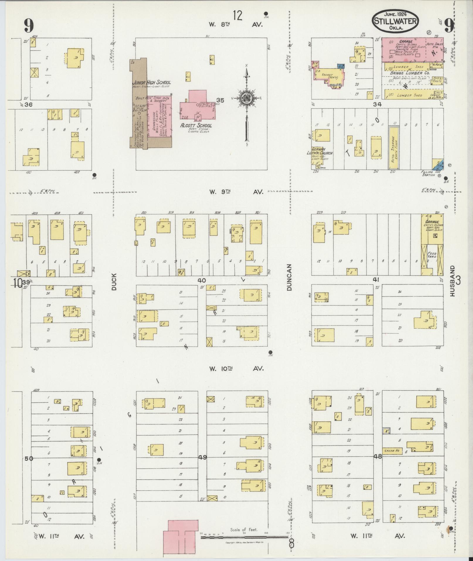 Sanborn Fire Insurance Map from Stillwater, Payne County, Oklahoma (1924), Sheet #0009 - Complete Map Set gallery image, historic Sanborn map, vintage wall art, Oklahoma Oklahoma