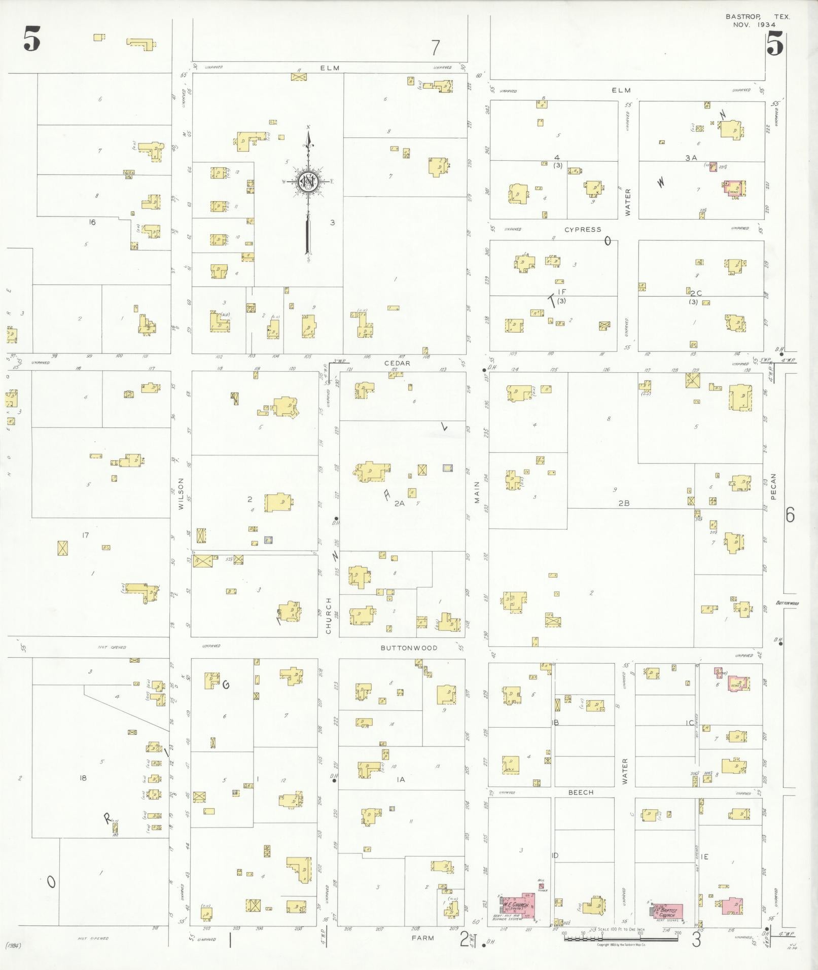Sanborn Fire Insurance Map from Bastrop, Bastrop County, Texas (1934), Sheet #0005 - Historic Sanborn Fire Insurance Map Print, vintage old map wall art, antique decor, genealogy gift, Texas Texas map