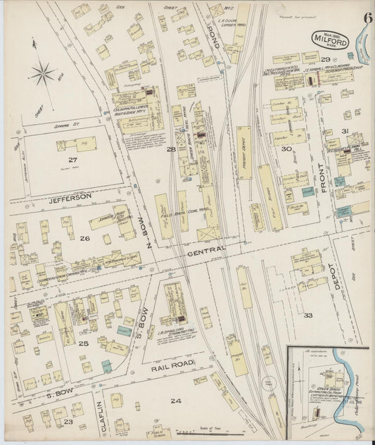 Sanborn Fire Insurance Map from Milford, Worcester County, Massachusetts (1885), Sheet #0006 - Historic Sanborn Fire Insurance Map Print, vintage old map wall art, antique decor, genealogy gift, Massachusetts Massachusetts map