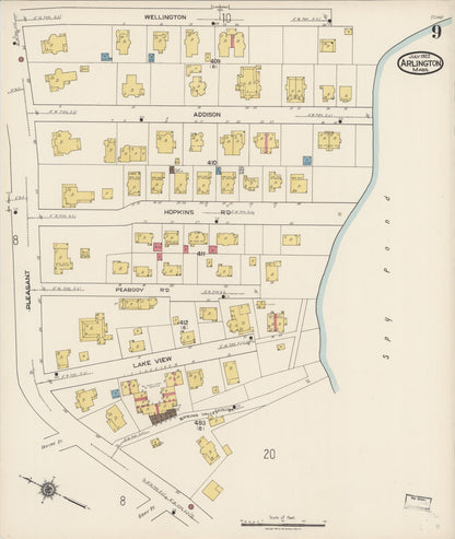 Sanborn Fire Insurance Map from Arlington, Middlesex County, Massachusetts (1922), Sheet #0009 - Historic Sanborn Fire Insurance Map Print, vintage old map wall art, antique decor, genealogy gift, Massachusetts Massachusetts map