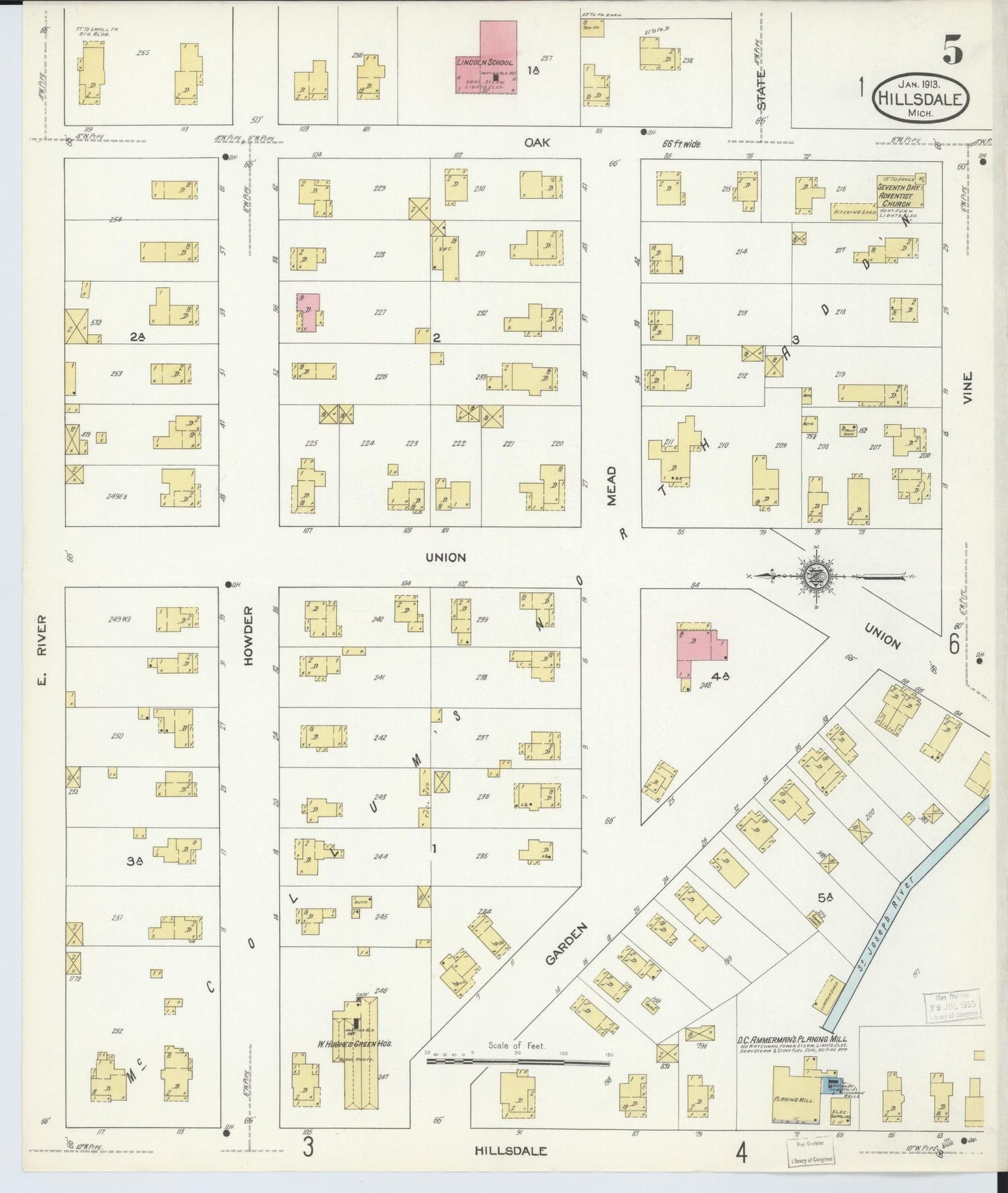 Sanborn Fire Insurance Map from Hillsdale, Hillsdale County, Michigan (1913), Sheet #0005 - Complete Map Set gallery image, historic Sanborn map, vintage wall art, Michigan Michigan