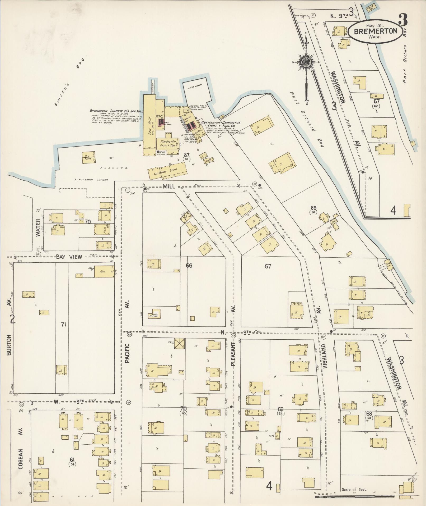 Sanborn Fire Insurance Map from Bremerton, Kitsap County, Washington (1911), Sheet #0003 - Complete Map Set gallery image, historic Sanborn map, vintage wall art, Washington Washington