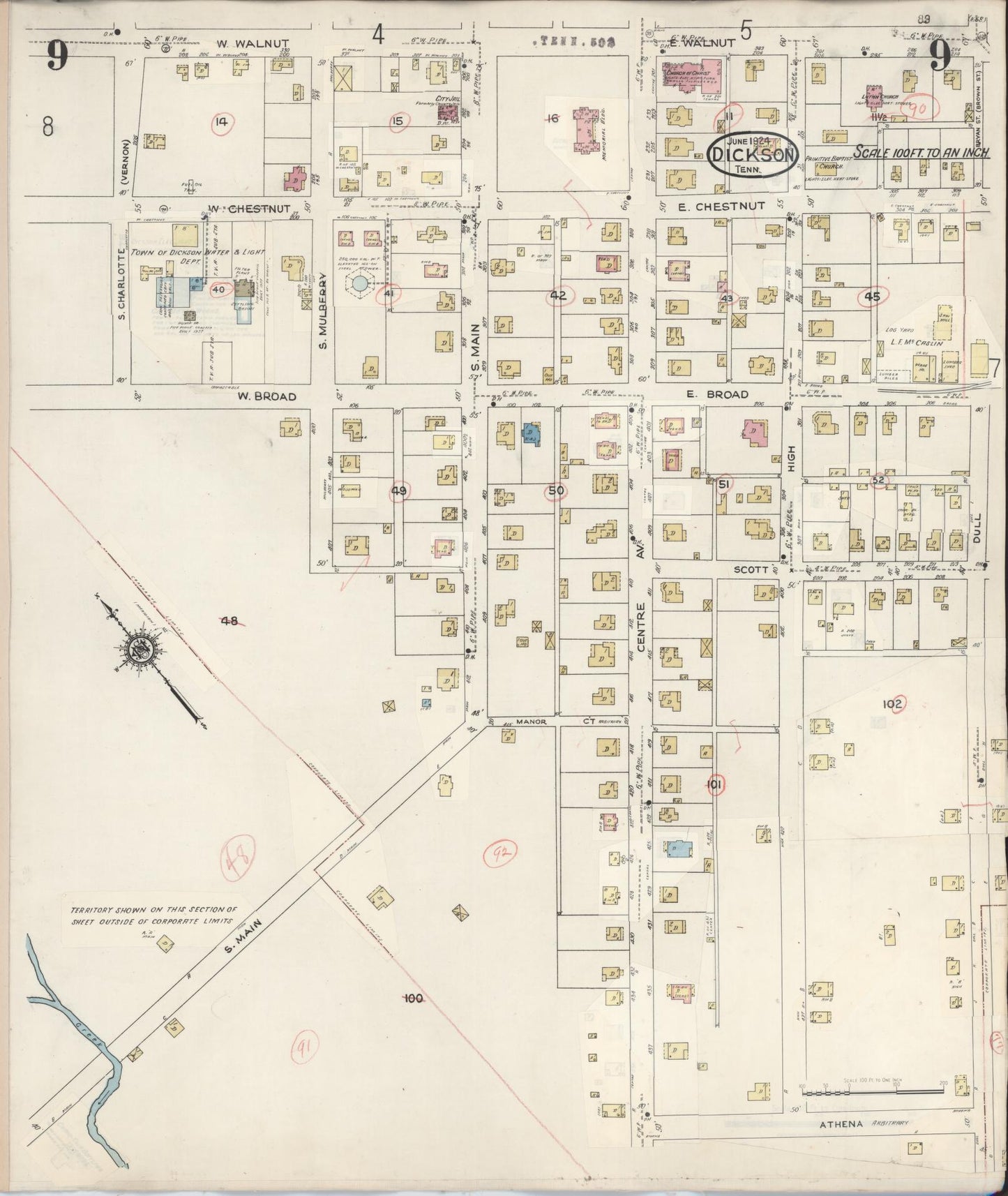 Sanborn Fire Insurance Map from Dickson, Dickson County, Tennessee (1941), Sheet #0009 - Complete Map Set gallery image, historic Sanborn map, vintage wall art, Tennessee Tennessee