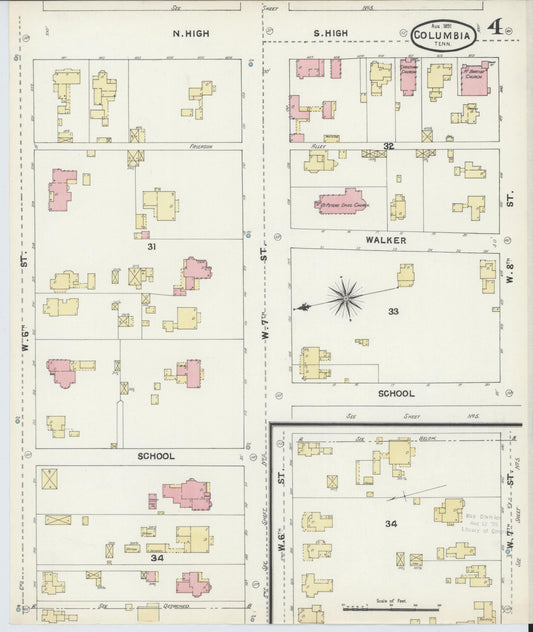 Sanborn Fire Insurance Map from Columbia, Maury County, Tennessee (1891), Sheet #0004 - Historic Sanborn Fire Insurance Map Print, vintage old map wall art, antique decor, genealogy gift, Tennessee Tennessee map