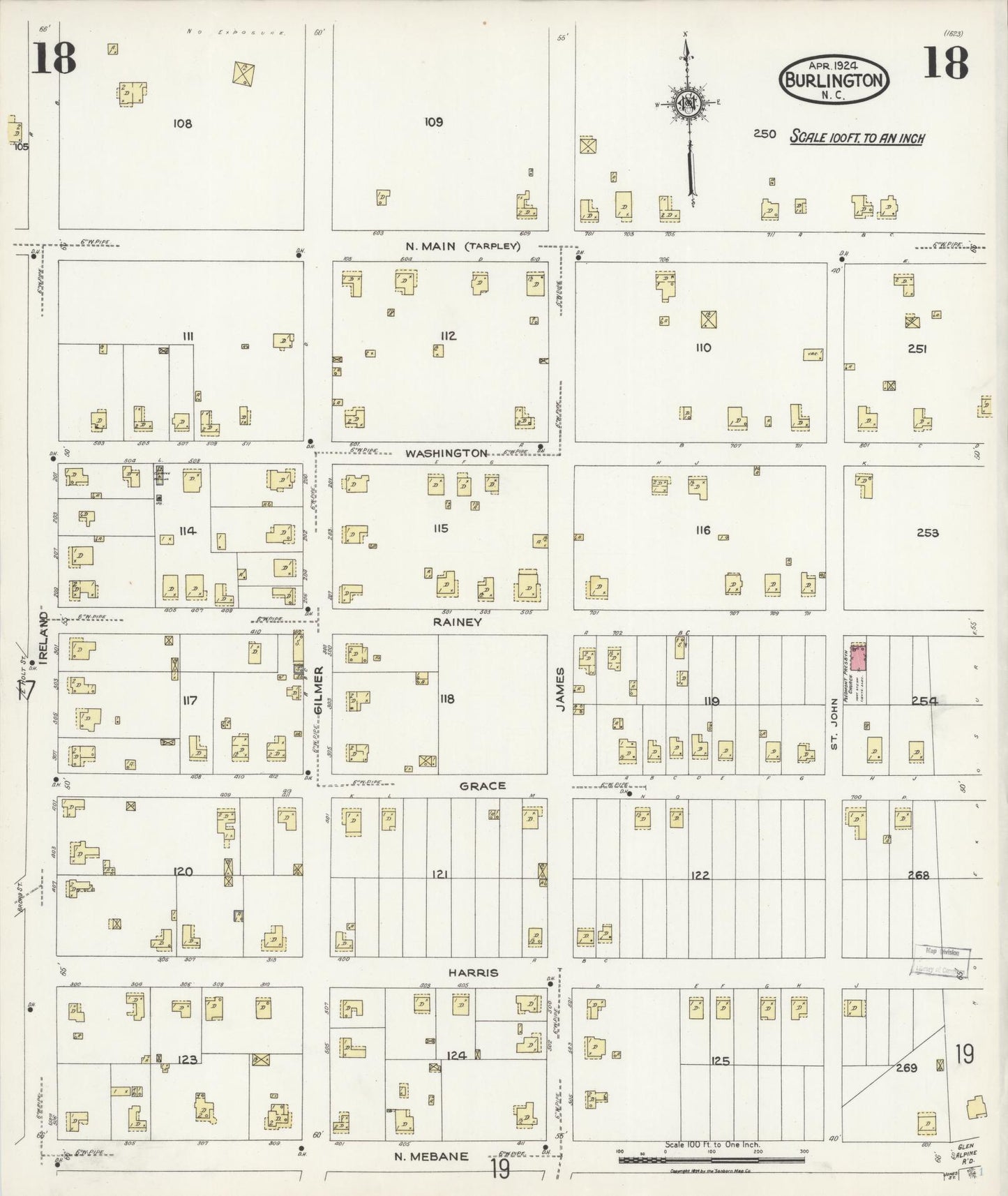 Sanborn Fire Insurance Map from Burlington, Alamance County, North Carolina (1924), Sheet #0018 - Historic Sanborn Fire Insurance Map Print, vintage old map wall art, antique decor, genealogy gift, North Carolina North Carolina map