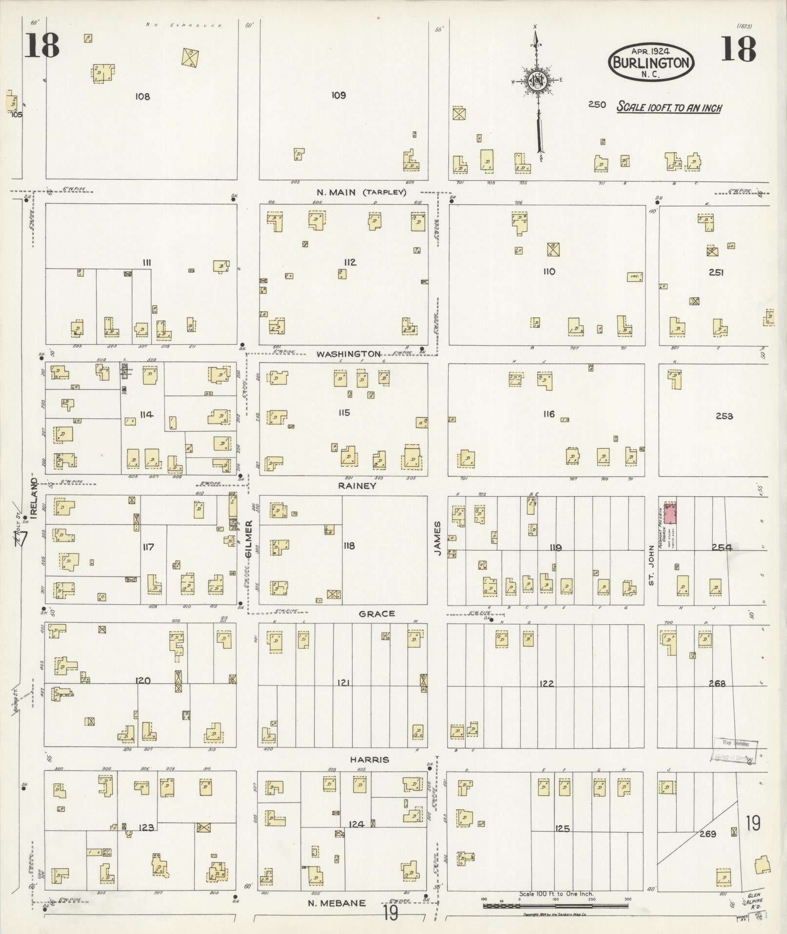 Sanborn Fire Insurance Map from Burlington, Alamance County, North Carolina (1924), Sheet #0018 - Historic Sanborn Fire Insurance Map Print, vintage old map wall art, antique decor, genealogy gift, North Carolina North Carolina map