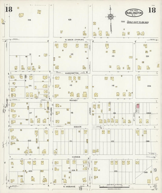 Sanborn Fire Insurance Map from Burlington, Alamance County, North Carolina (1924), Sheet #0018 - Historic Sanborn Fire Insurance Map Print, vintage old map wall art, antique decor, genealogy gift, North Carolina North Carolina map